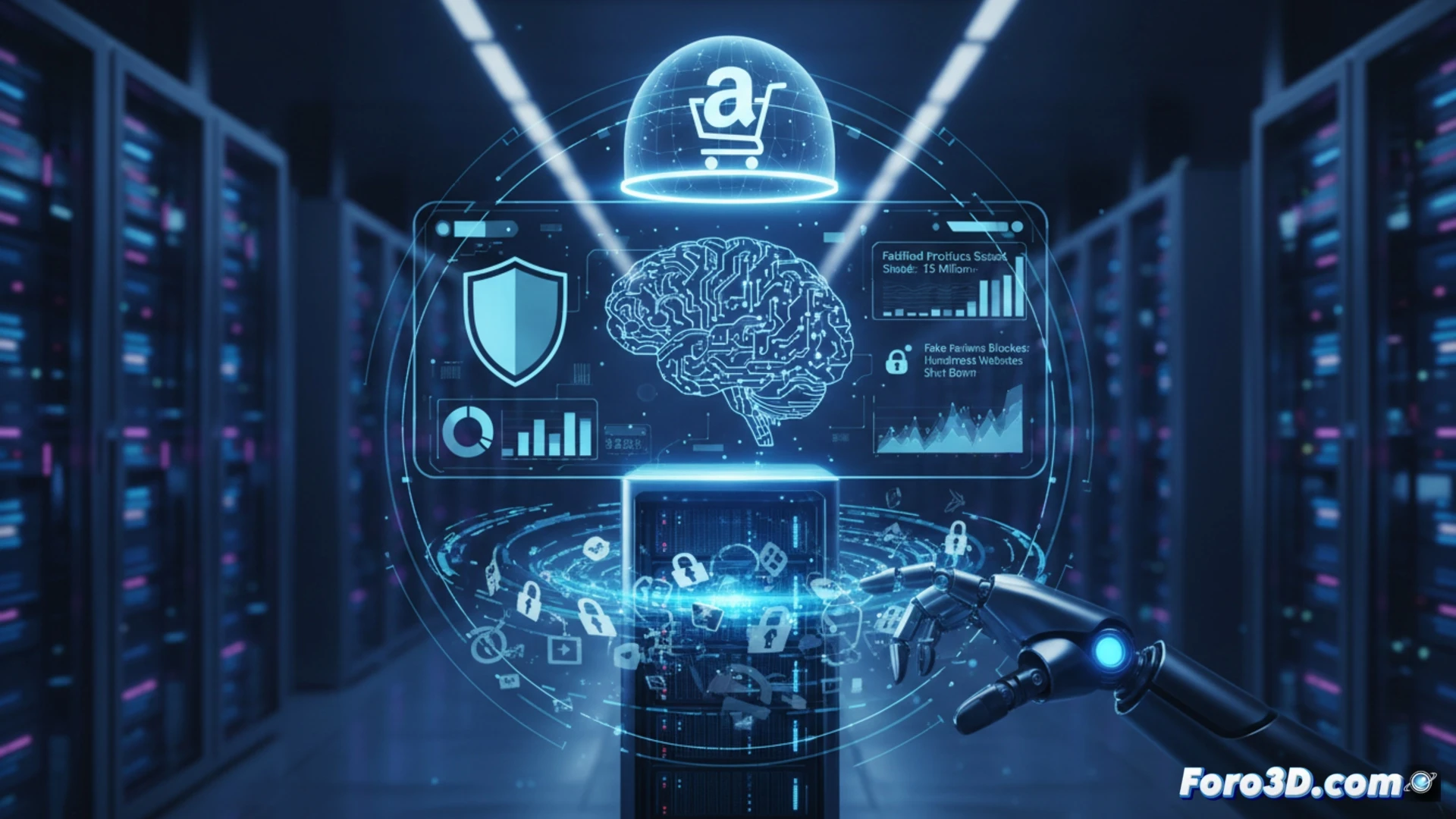 Una interfaz futurista de IA de Amazon escanea productos en una cinta transportadora; un holograma rojo de alerta marca lotes falsos, mientras un gráfico muestra 15M de bloqueos.