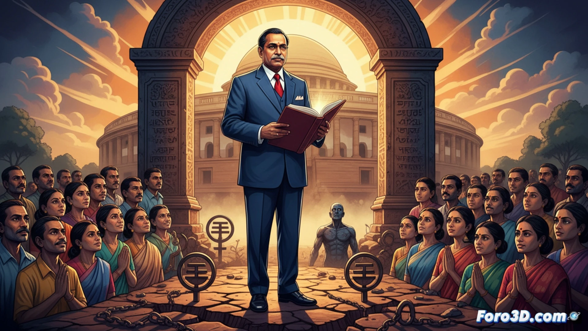 Un hombre con traje y anteojos, sosteniendo la Constitución india, rodeado de símbolos de justicia e igualdad.