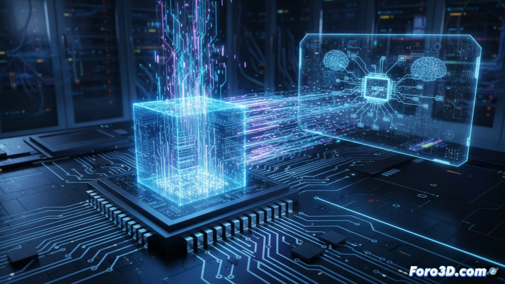 Diagrama de un chip AMD Ryzen con la capa adicional de cache 3D V-Cache apilada sobre el núcleo de procesamiento.