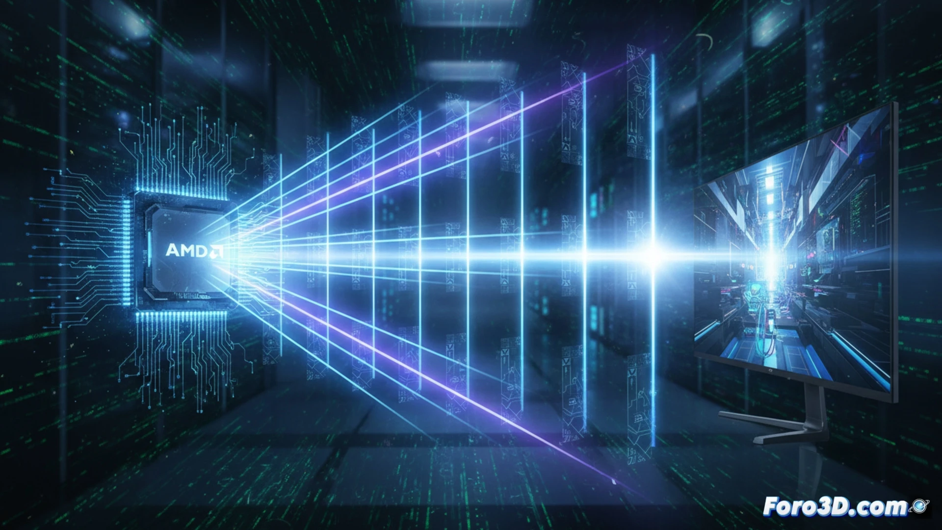 Una tarjeta gráfica AMD genera múltiples fotogramas sintéticos para aumentar la fluidez en un juego con path tracing.