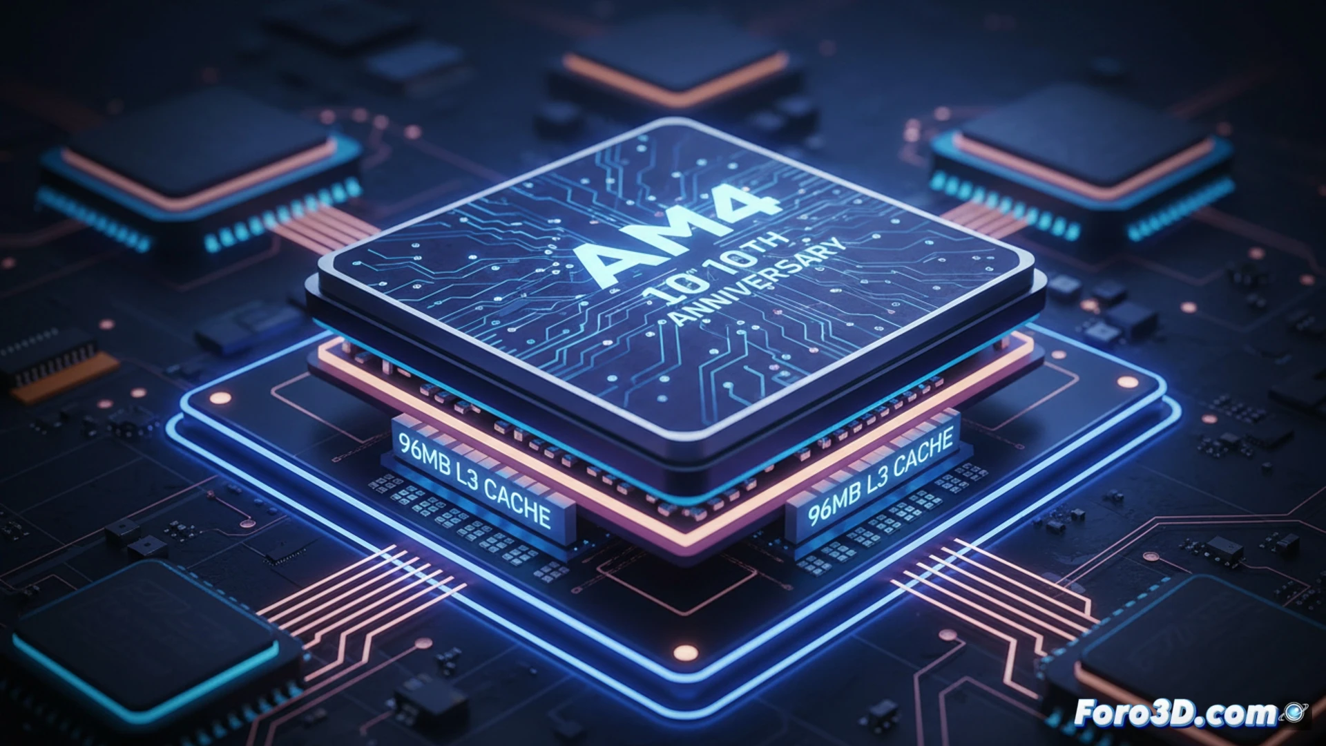 Un procesador Ryzen 7 5800X3D especial sobre una placa base AM4, destacando su caja conmemorativa por los 10 años del socket.