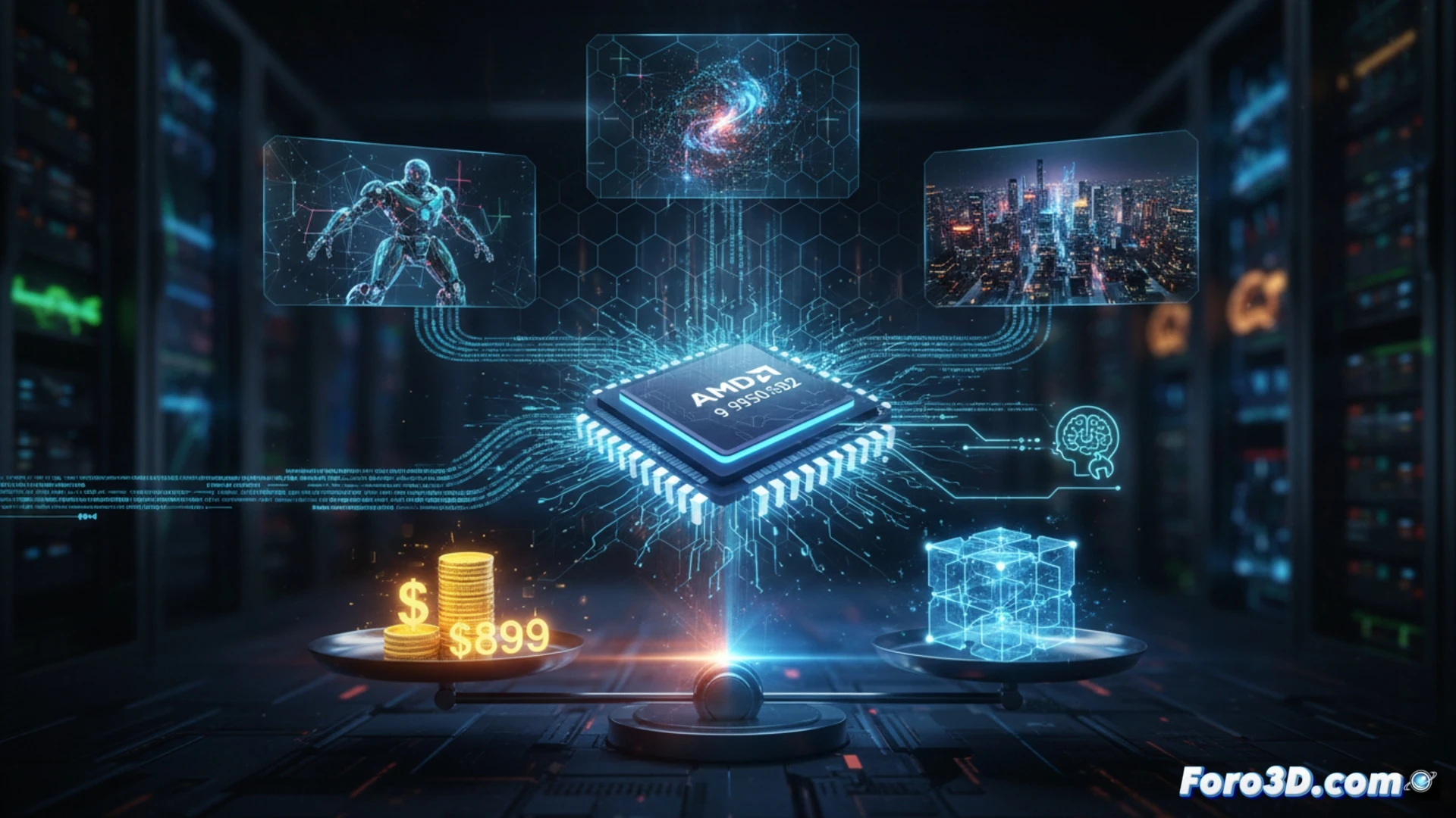 Procesador AMD Ryzen 9 9950X3D2 sobre una placa base, con gráficos de rendimiento de render 3D al fondo.