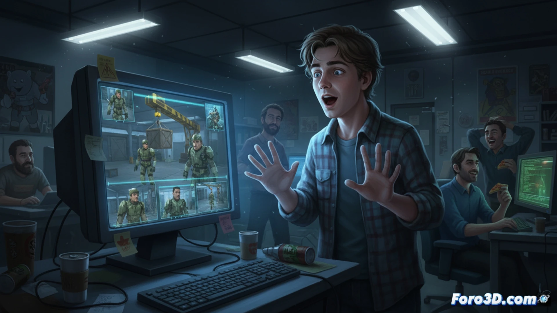 Una escena de Quake 2 contrasta con una cinematográfica de Valve: personajes en movimiento, una grúa operando y múltiples cámaras, dejando a American McGee sin aliento.