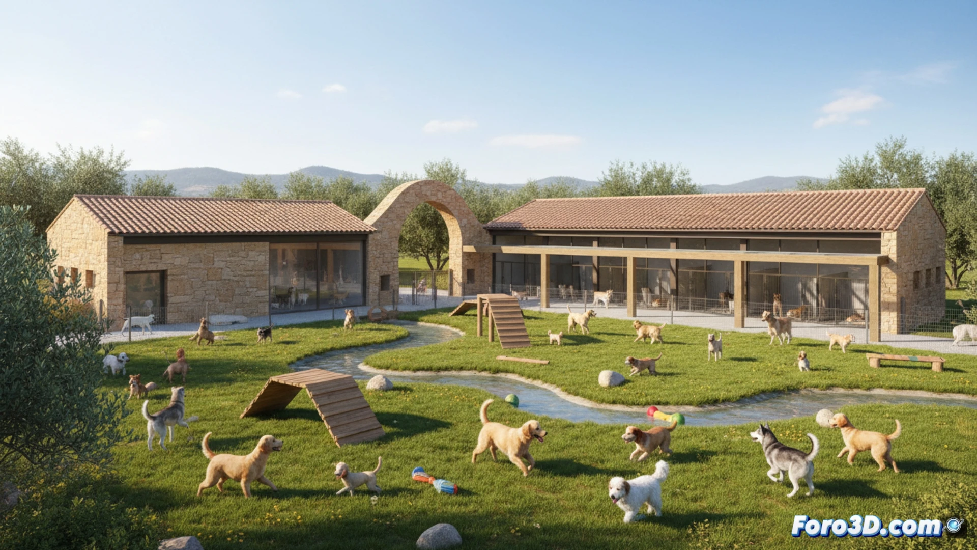 Un moderno centro de acogida canino con amplios patios soleados y perros de diferentes razas jugando o descansando en cómodos espacios interiores.