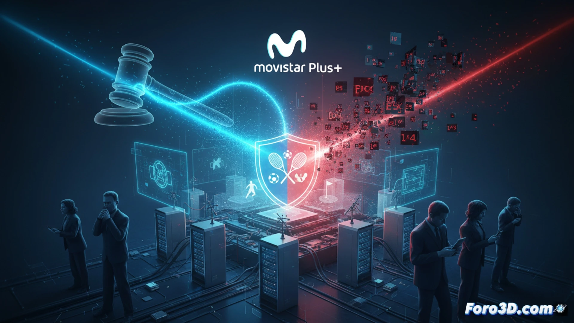 Una pantalla con logos de Champions, tenis y golf, bloqueada por un candado digital sobre un fondo de señales de transmisión.