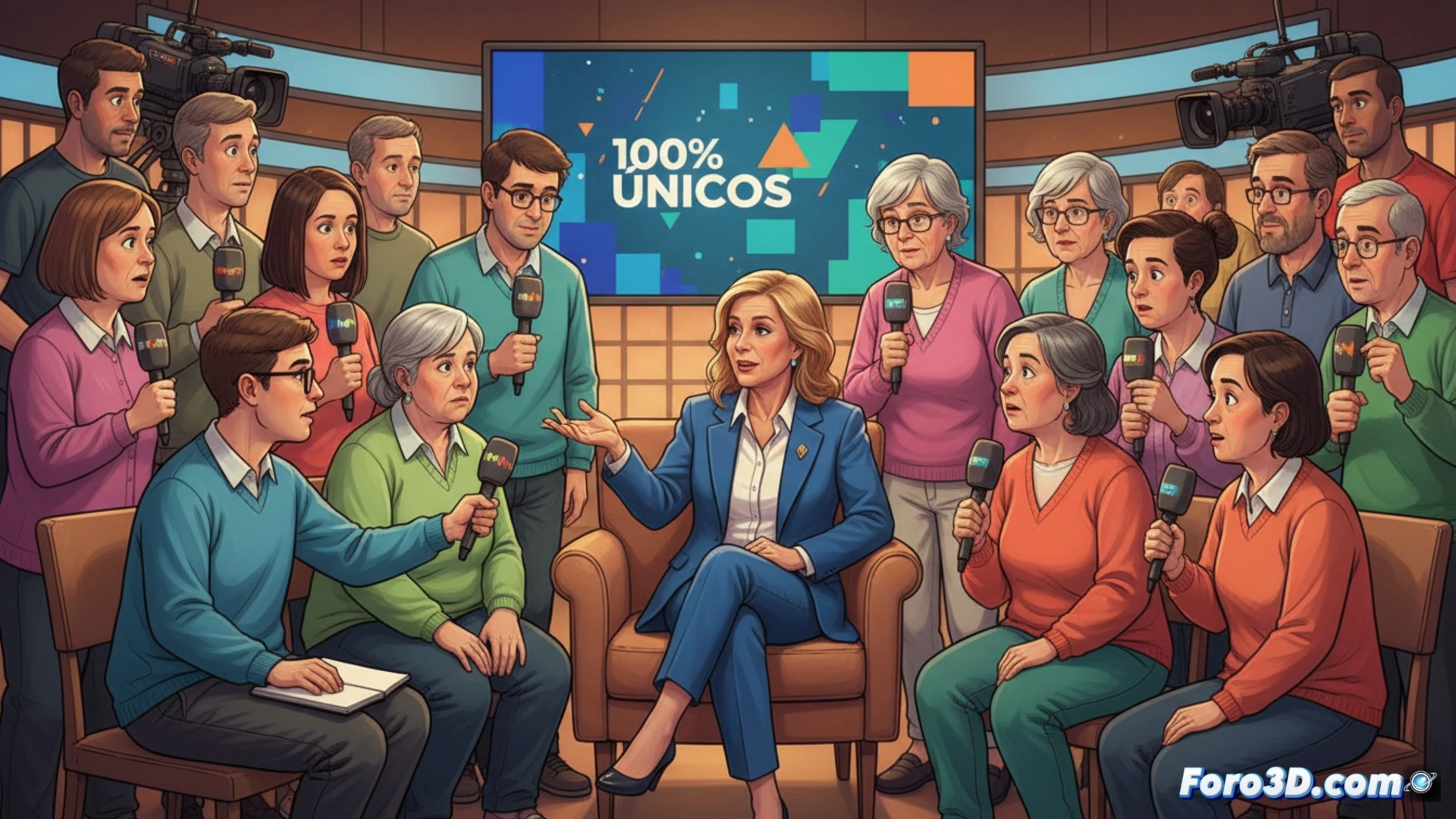 Ana Rosa Quintana, sonriente, conversa con 30 reporteros con TEA en plató de Telecinco, rodeada de micrófonos y cámaras.