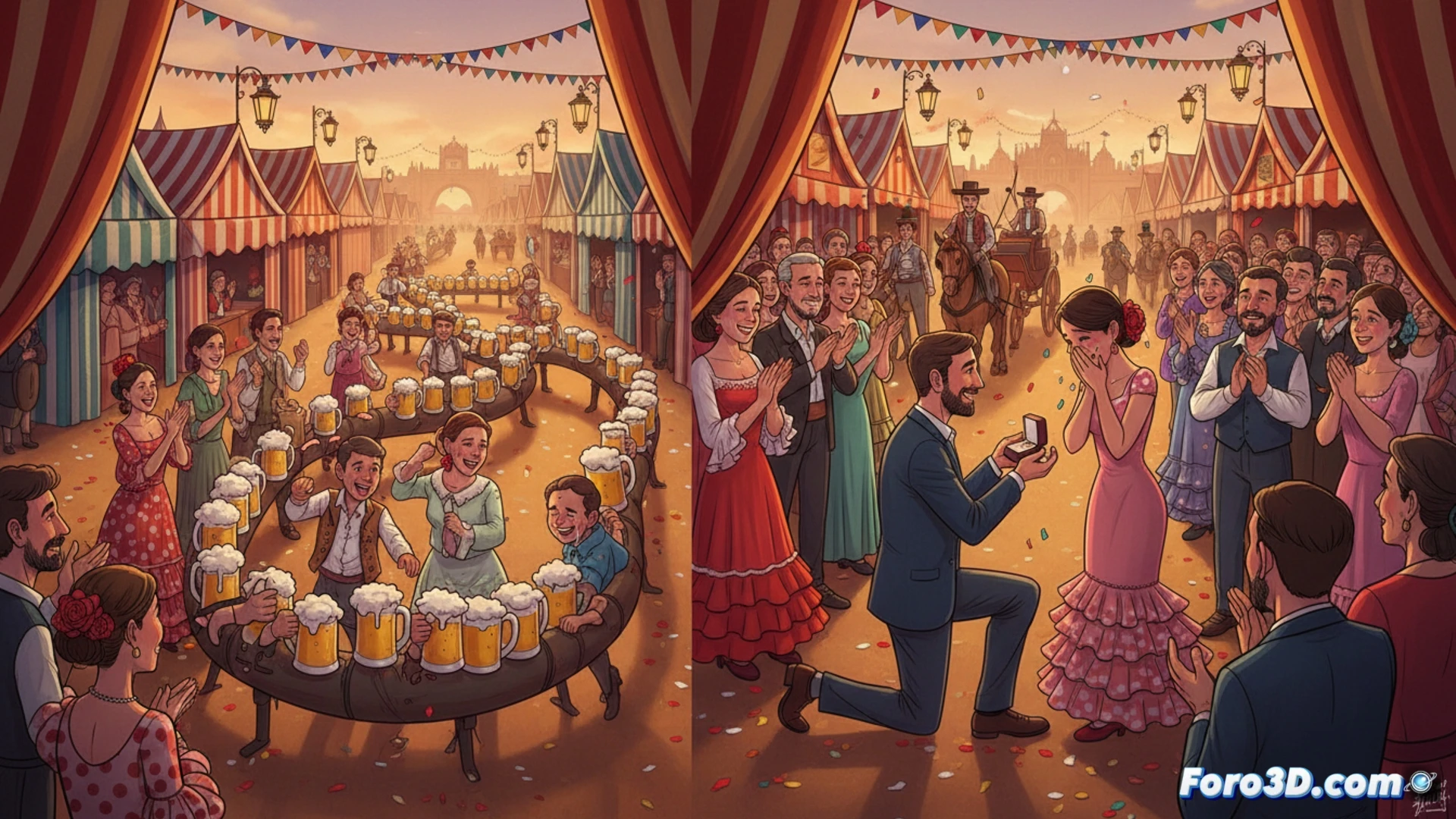 Anochecer en la Feria de Sevilla 2026; una hilera de personas con jarras serpentea entre casetas iluminadas, mientras una pareja se arrodilla en el centro, rodeada de farolillos y público emocionado que aplaude.