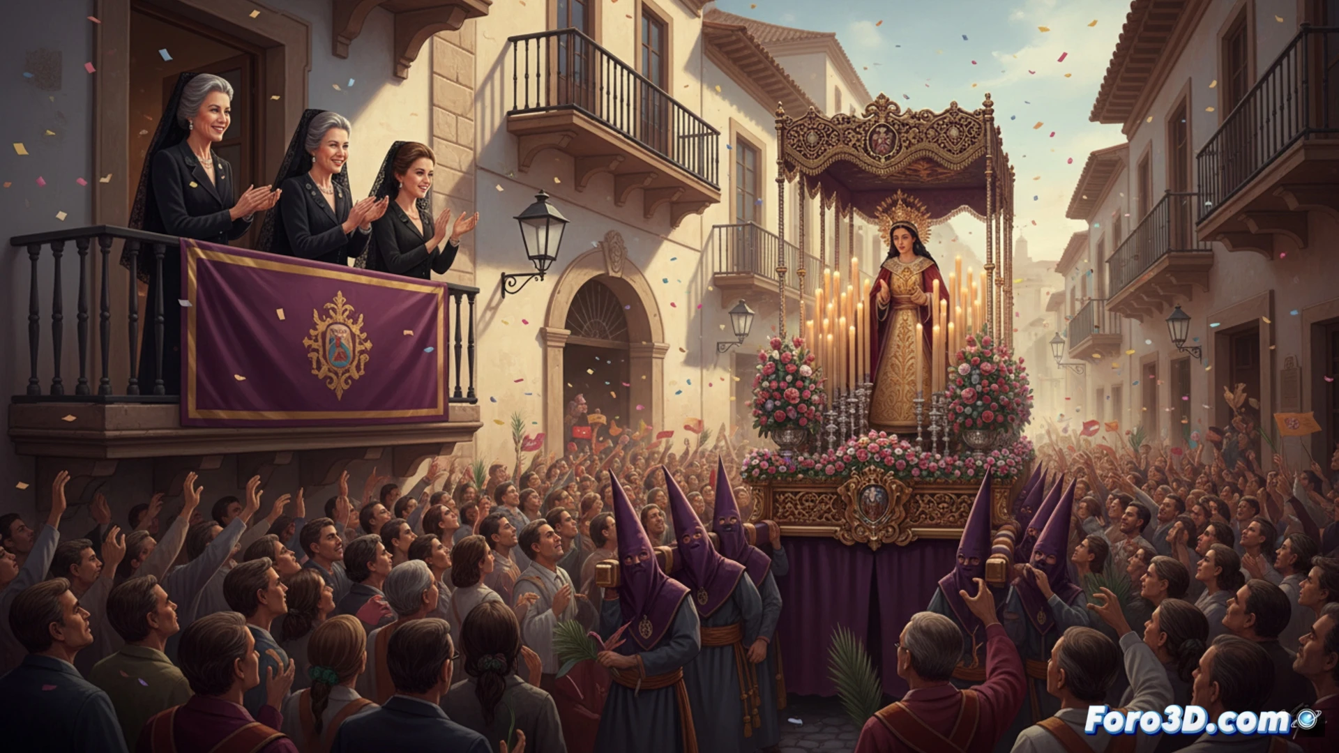 Recreacion en 3D de un momento de la procesion, mostrando distancias y miradas entre la Familia Real y el publico.