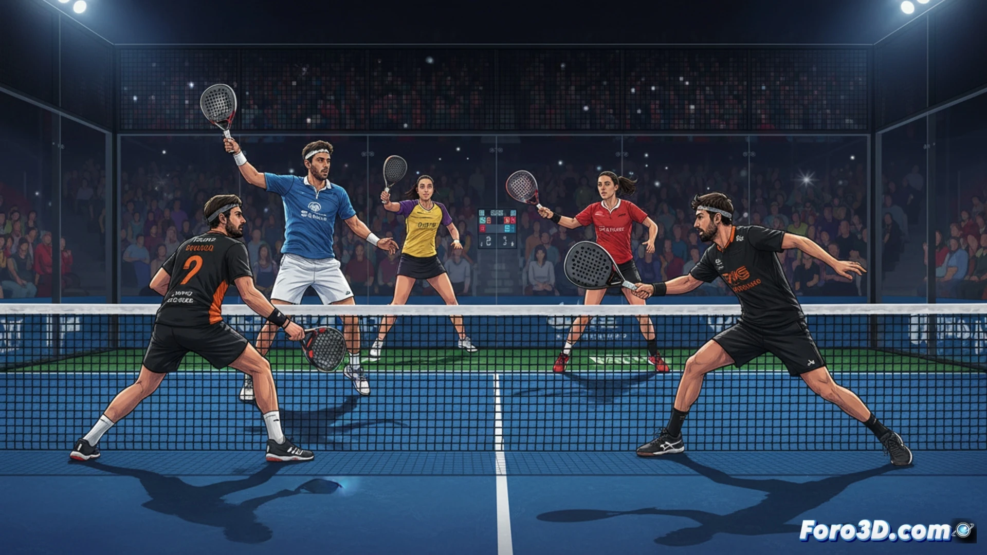 Representación 3D de una pista de pádel con trayectorias de golpeos y zonas de mayor impacto durante un punto decisivo.