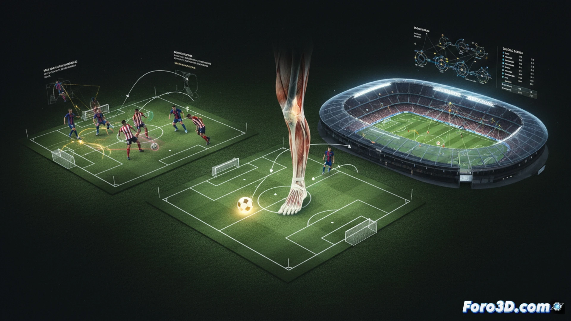 Reconstruccion 3D del gol de remontada del Barcelona, mostrando posiciones y movimiento del balon.