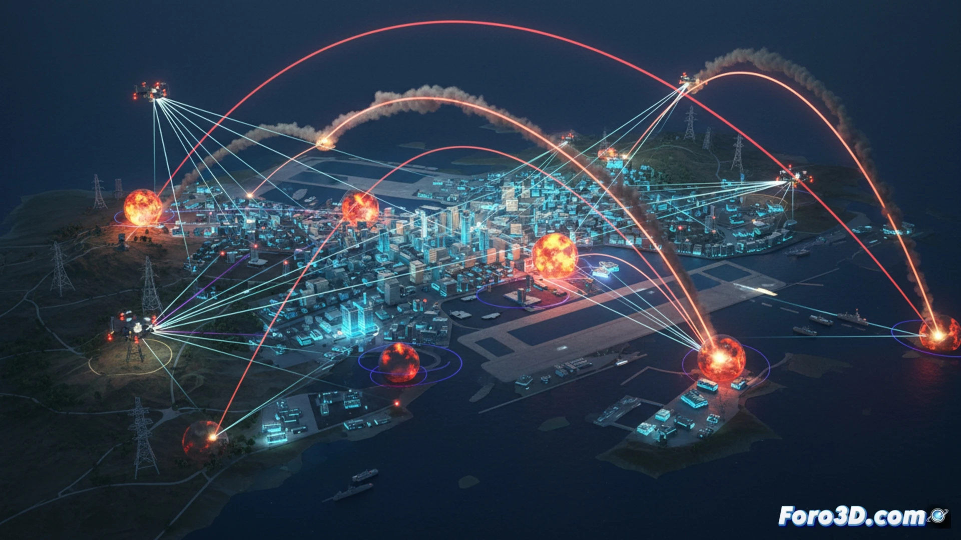 Reconstrucción 3D de Eliat y trayectorias hipotéticas de misiles y drones desde el Mar Rojo.