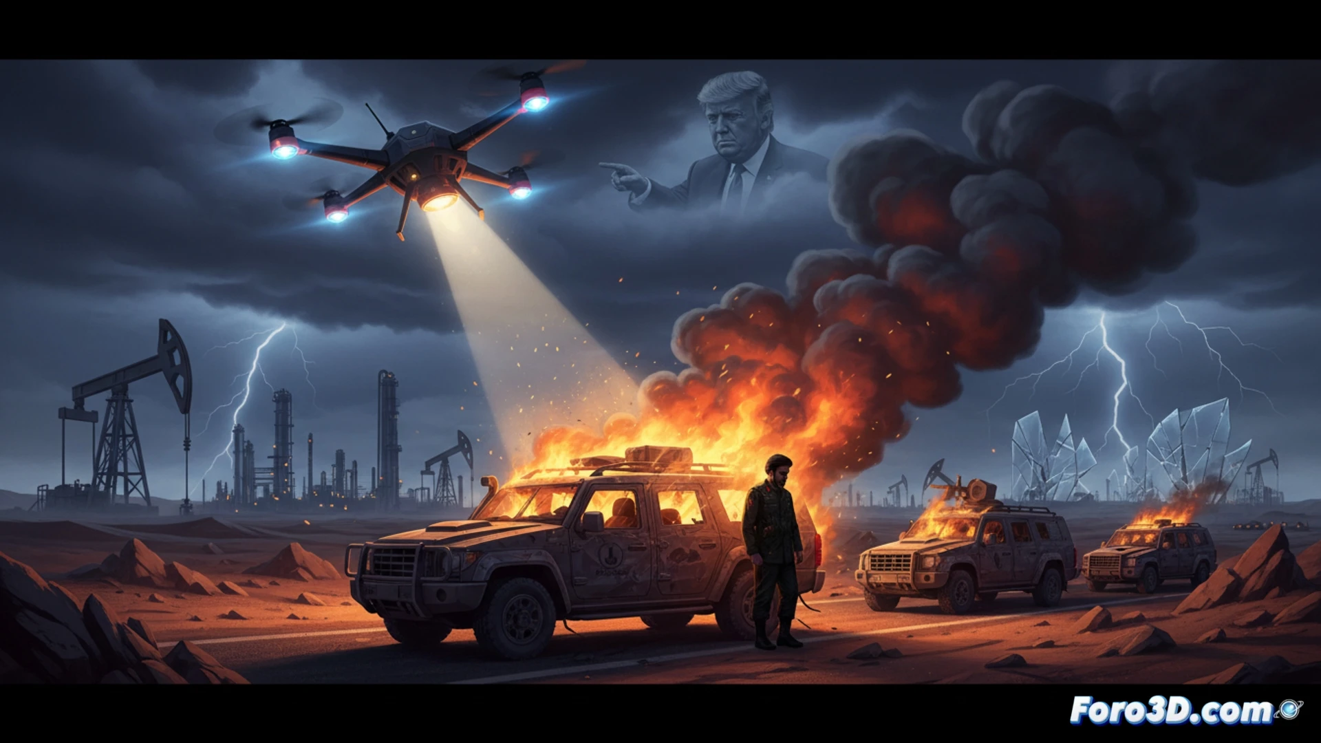 Modelo 3D del aeropuerto de Bagdad mostrando la trayectoria del dron y el punto del impacto en el convoy.