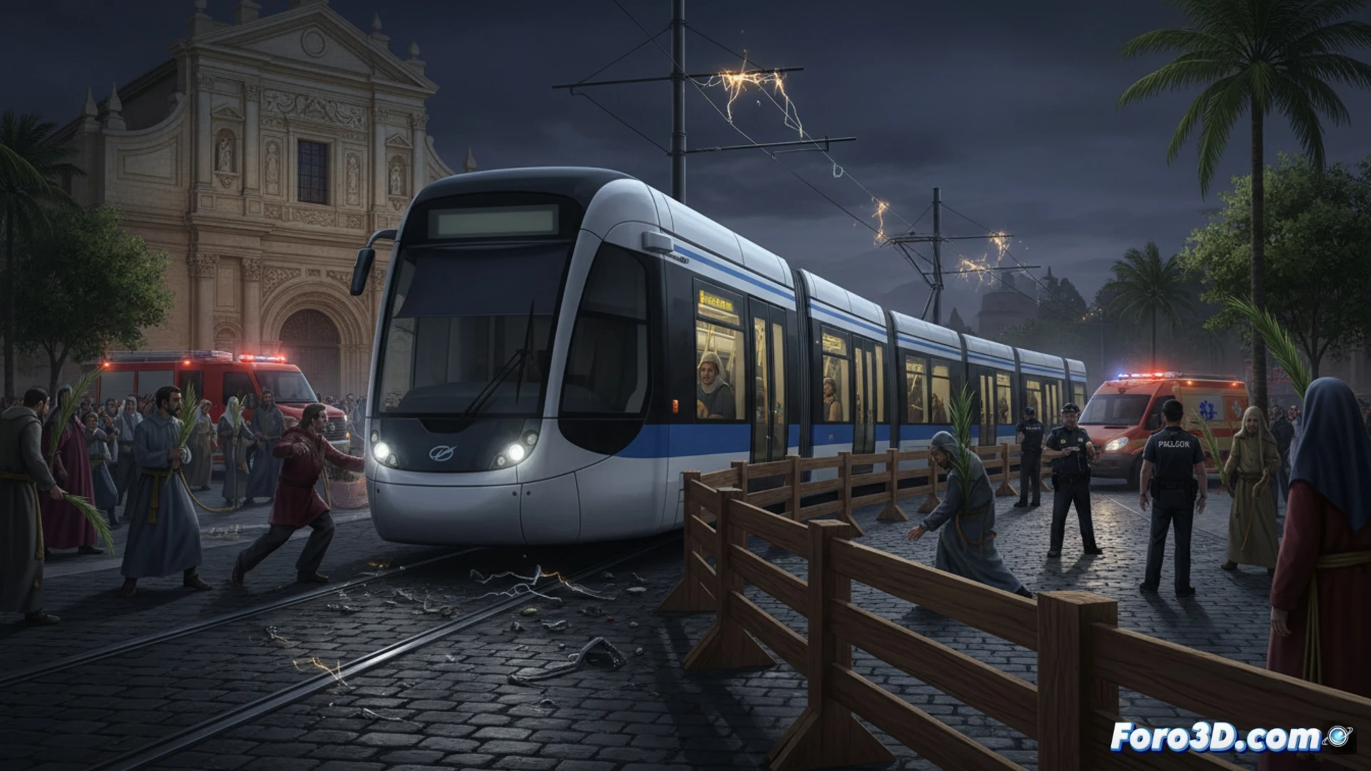 Modelo 3D forense de un cruce con tranvía, generado a partir de nube de puntos de escaneo láser.