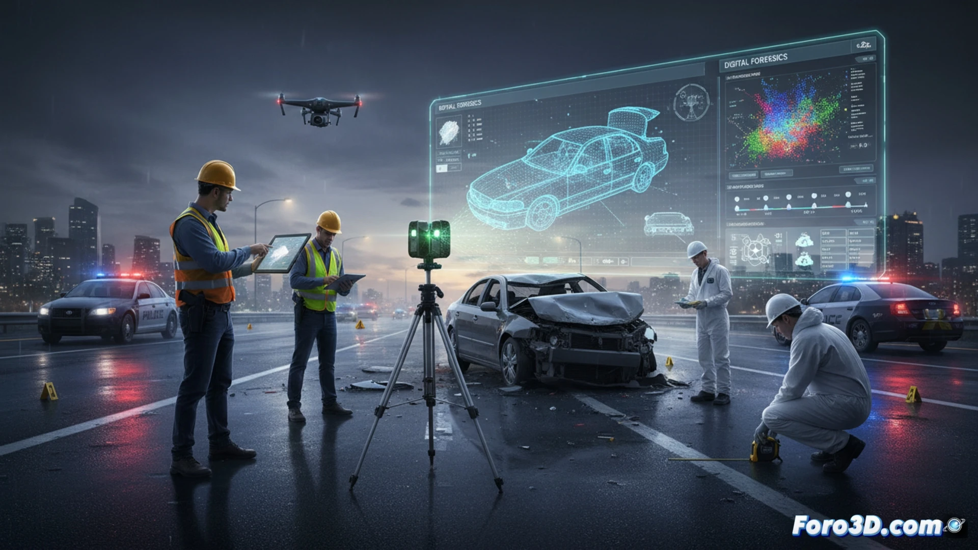 Modelo 3D preciso de una escena de accidente con vehículos, marcas de neumaticos y evidencias digitalizadas.