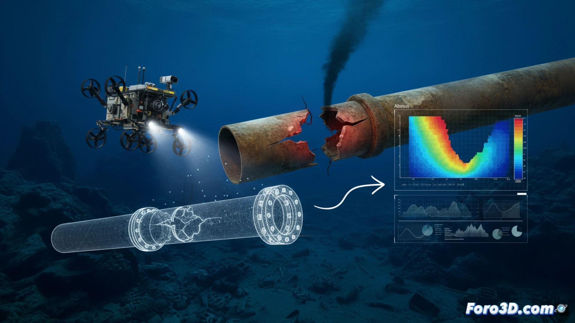 ROV submarino inspeccionando junta de oleoducto con sonar y fotogrametria para simulacion de fatiga en Abaqus