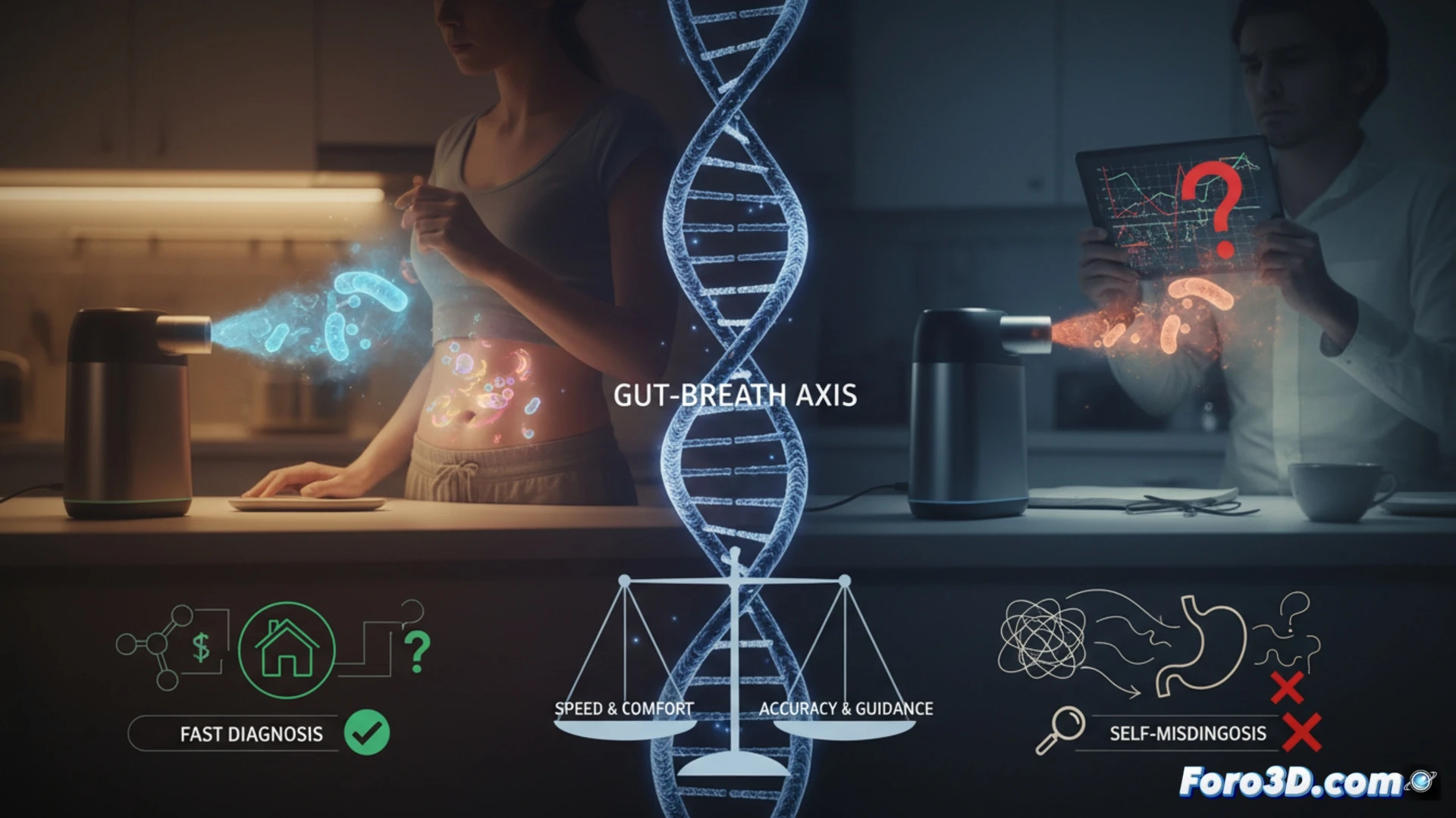 Una persona sopla hacia un dispositivo médico portátil, con gráficos de moléculas de gas flotando en el aire.