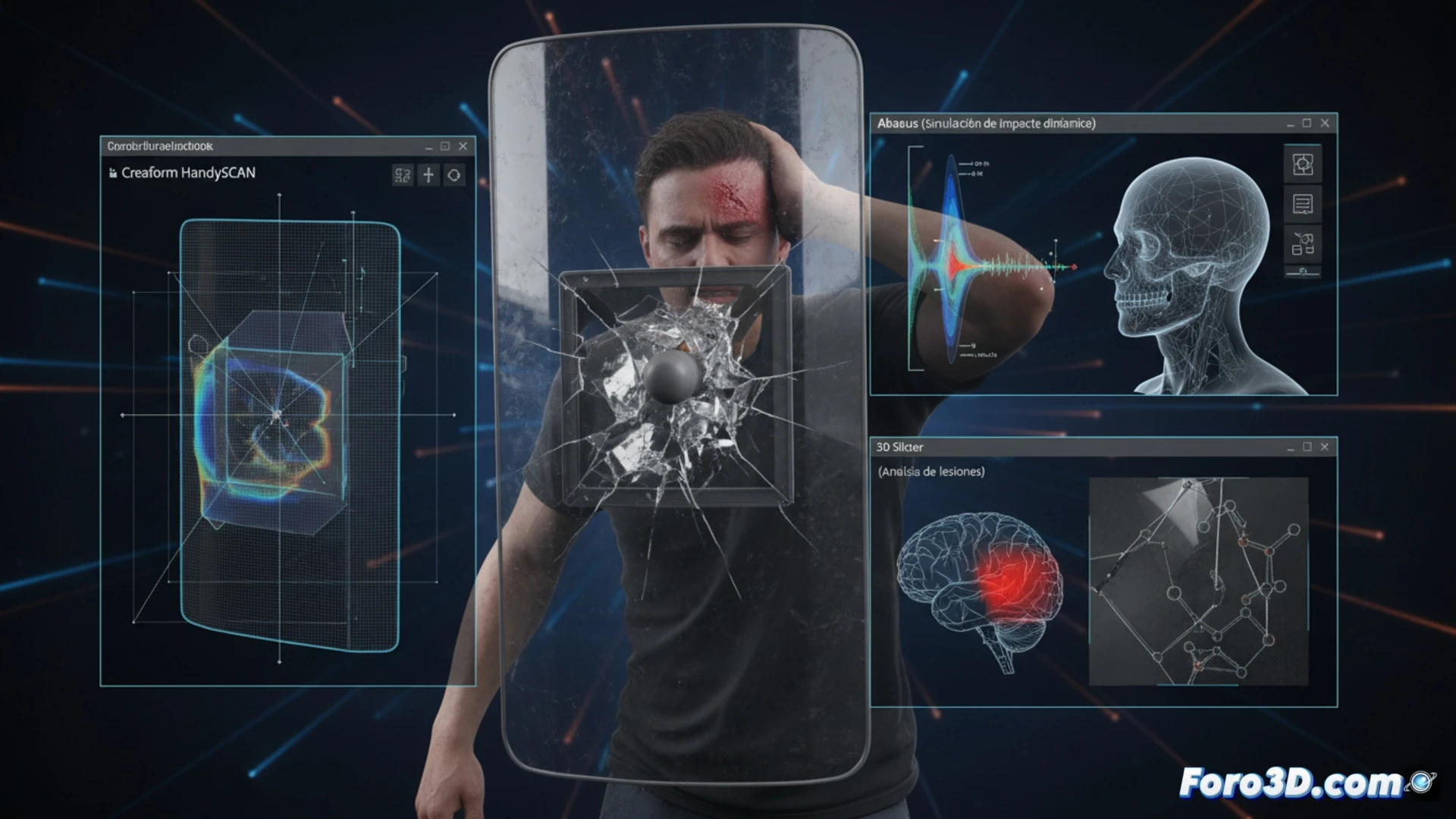 Modelo 3D de un escudo antidisturbios con una malla de deformación mostrando la zona de impacto de un proyectil.