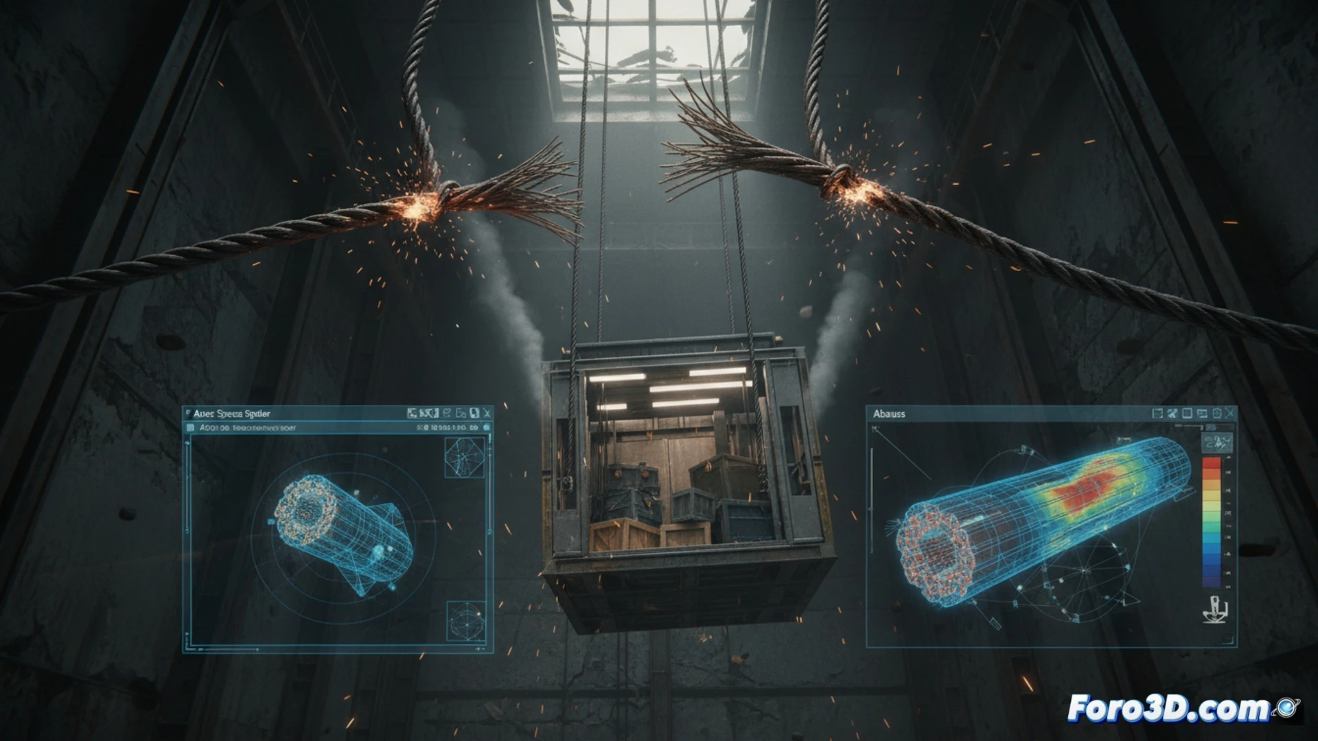 Modelo 3D de la fractura de un cable de acero, mostrando la superficie de rotura y sus defectos internos.