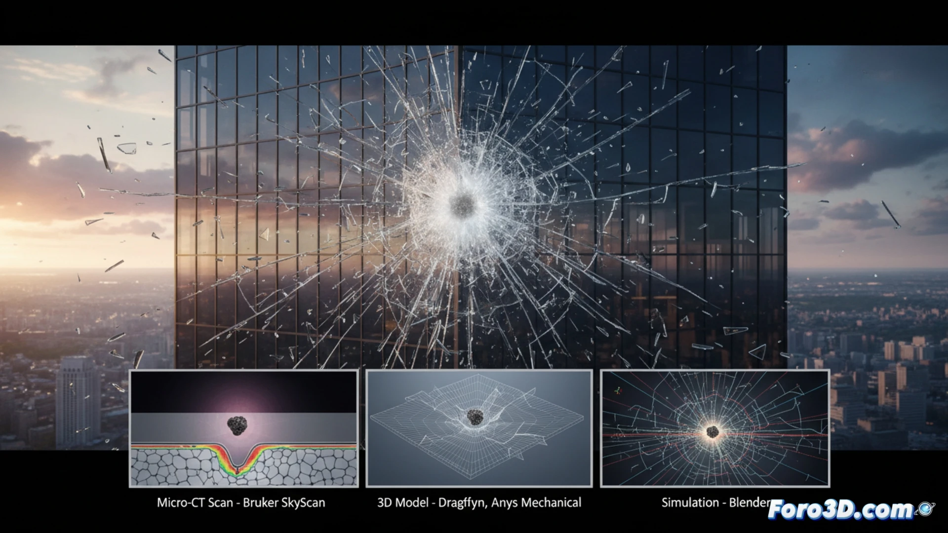Reconstrucción 3D de la grieta originada en una inclusión microscópica dentro de un panel de vidrio templado.