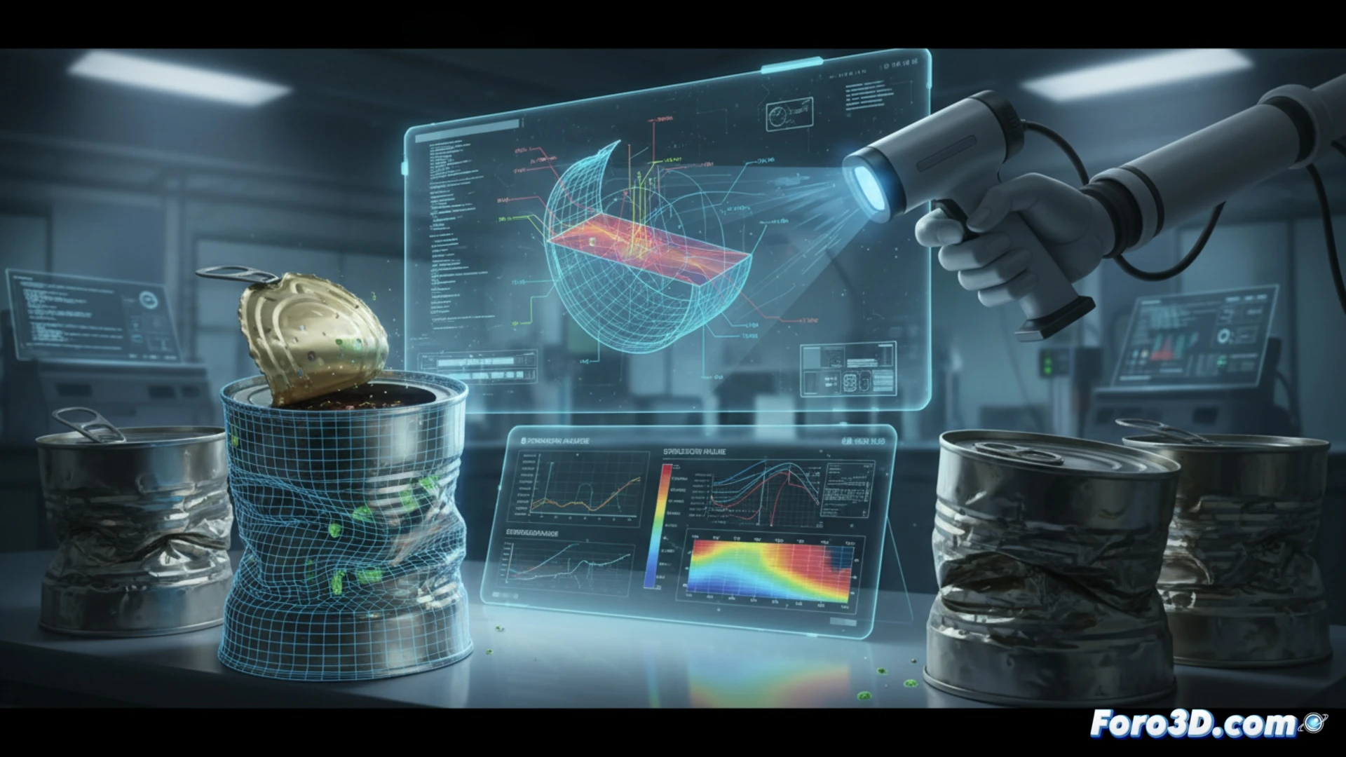 Modelo 3D de una lata deformada junto a una malla de elementos finitos y resultados de simulación de fluidos.