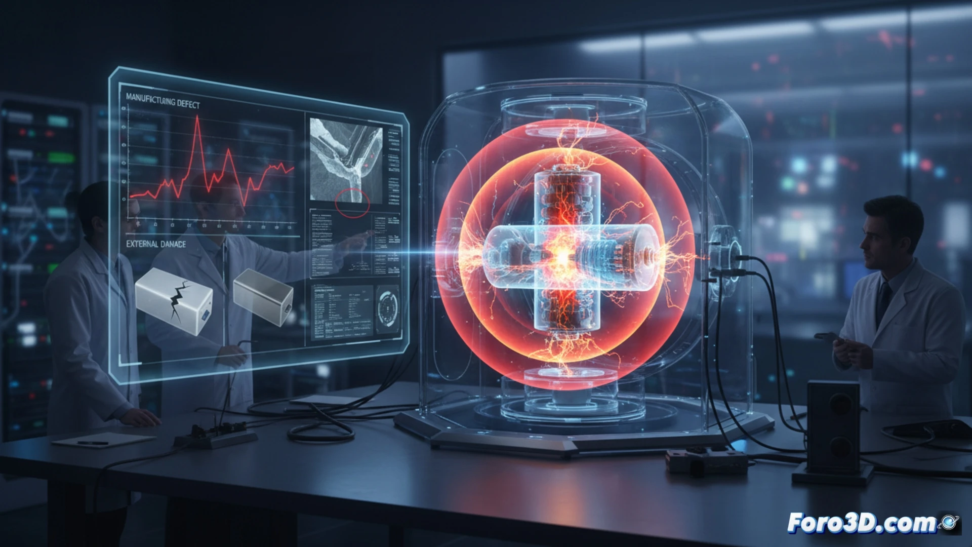 Reconstrucción 3D forense de una batería de litio dañada mostrando el origen del thermal runaway.