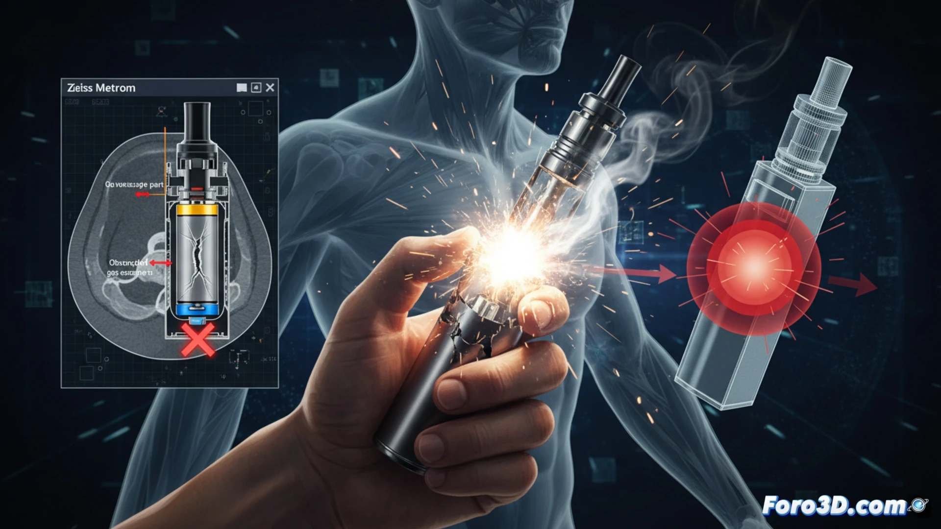 Reconstrucción 3D de un vapeador dañado, mostrando en corte el fallo interno del sistema de ventilación.