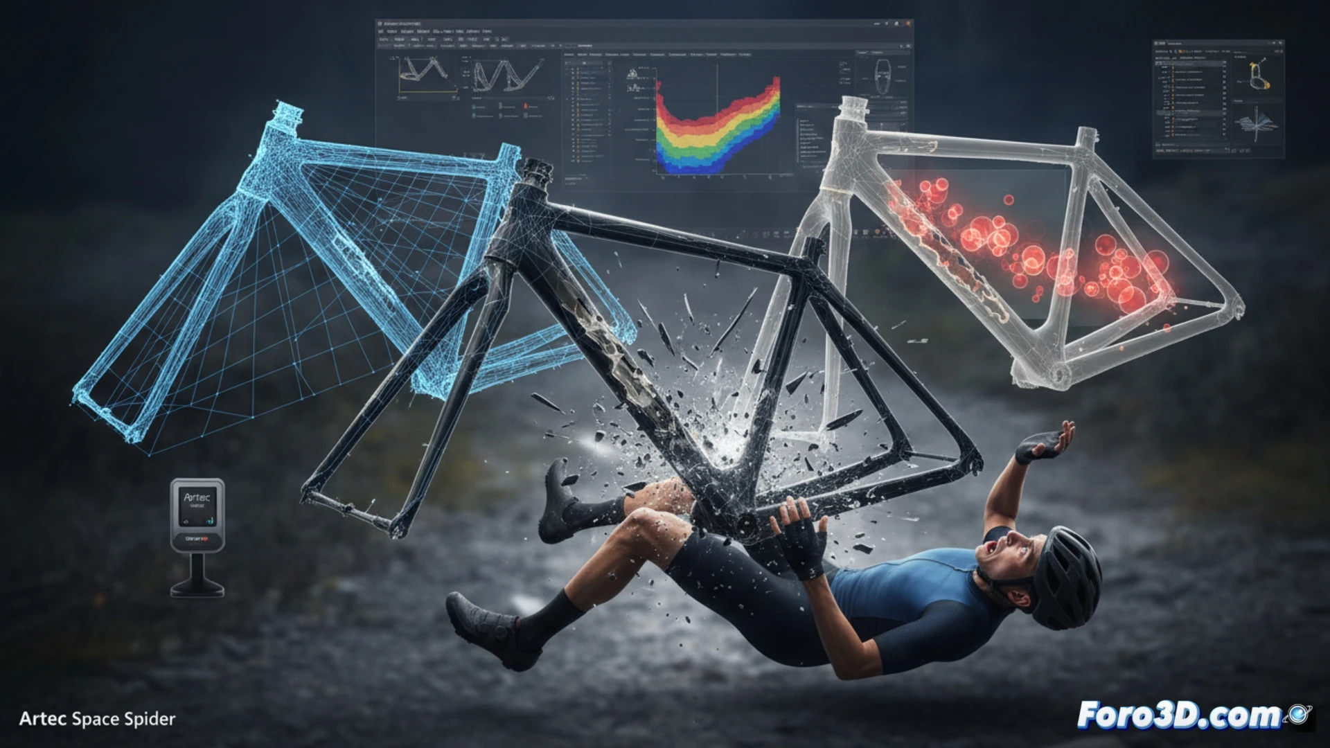 Cuadro de carbono fracturado escaneado en 3D junto a imágenes de ultrasonidos C-Scan revelando defectos internos.