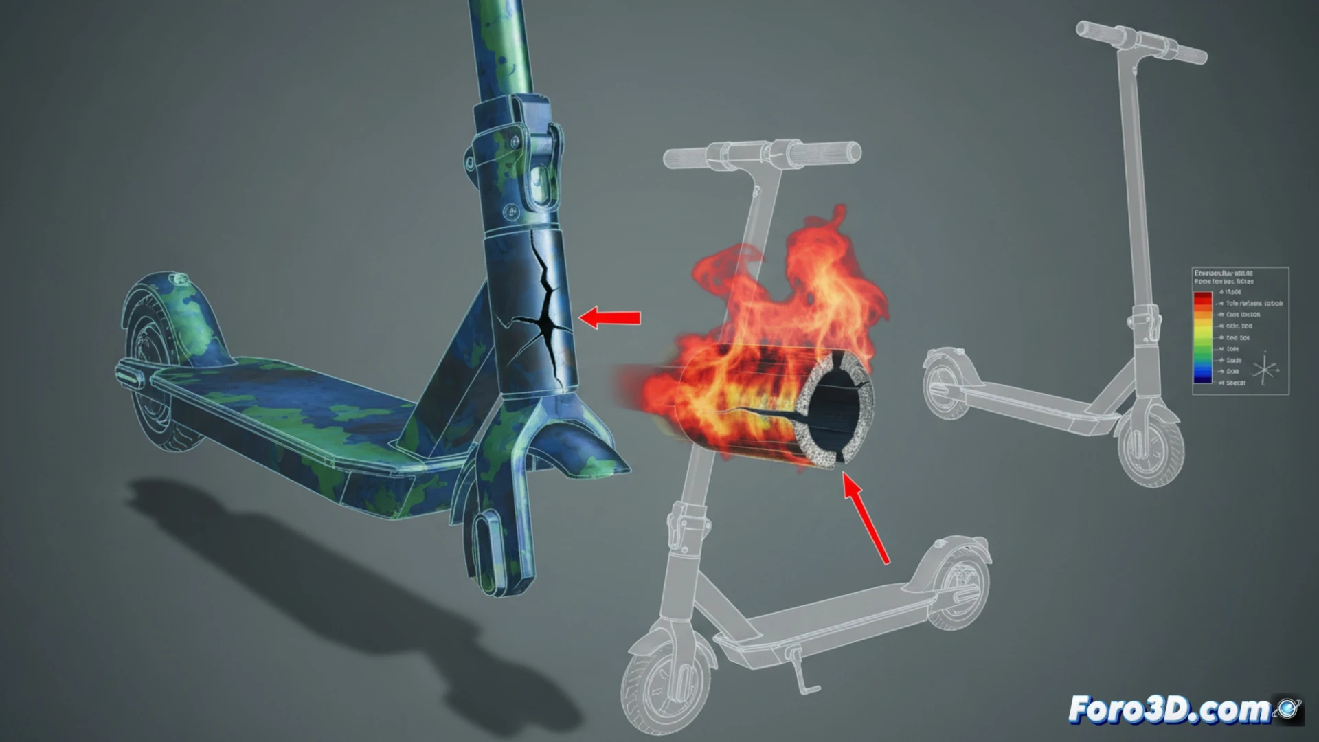 Modelo 3D de la fractura en el mástil de un patinete, mostrando la zona de inicio y las estrías de fatiga.