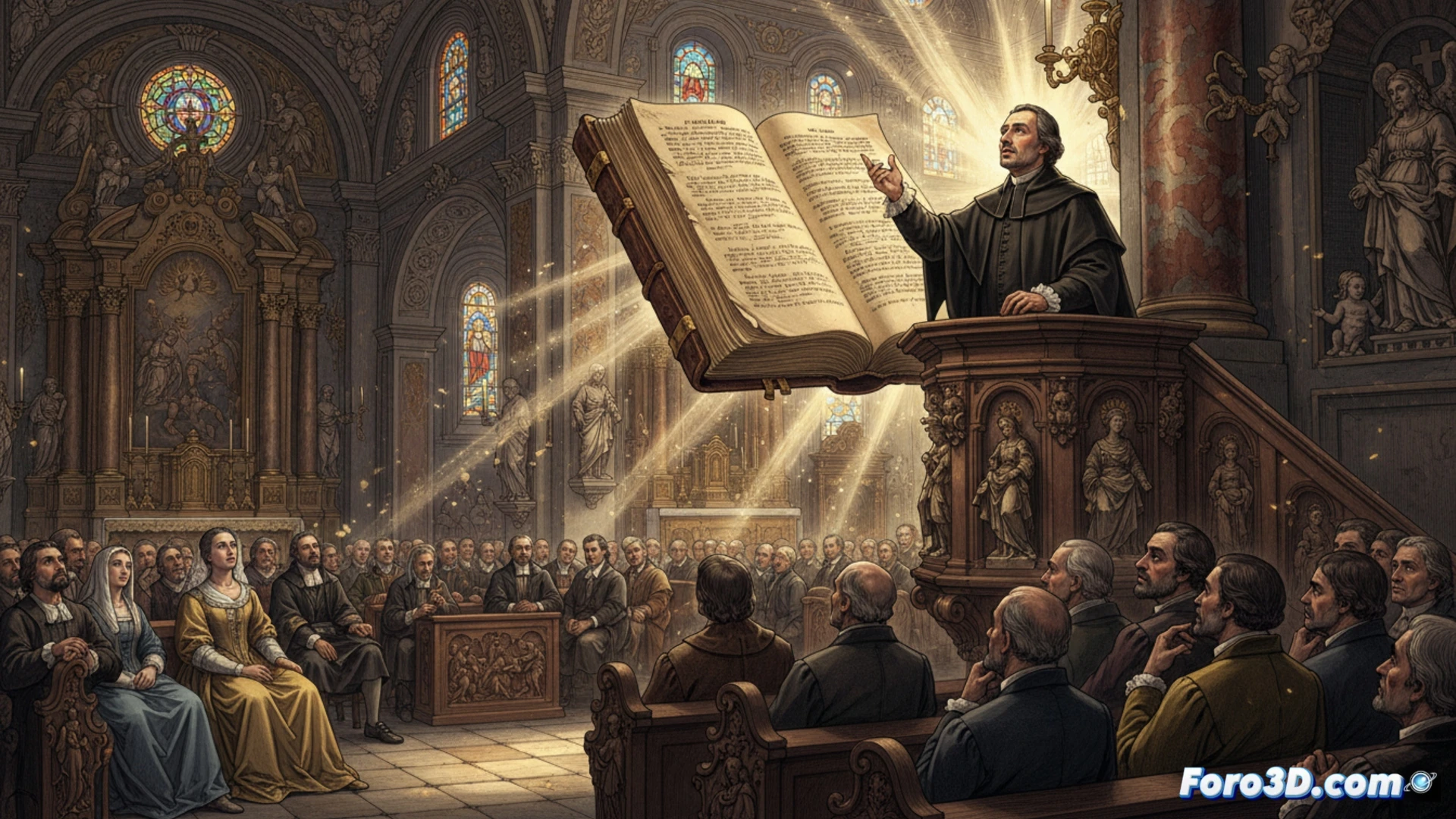 Visualización 3D de la estructura retórica de un sermón barroco, mostrando sus ejes persuasivos y acumulación de imágenes.