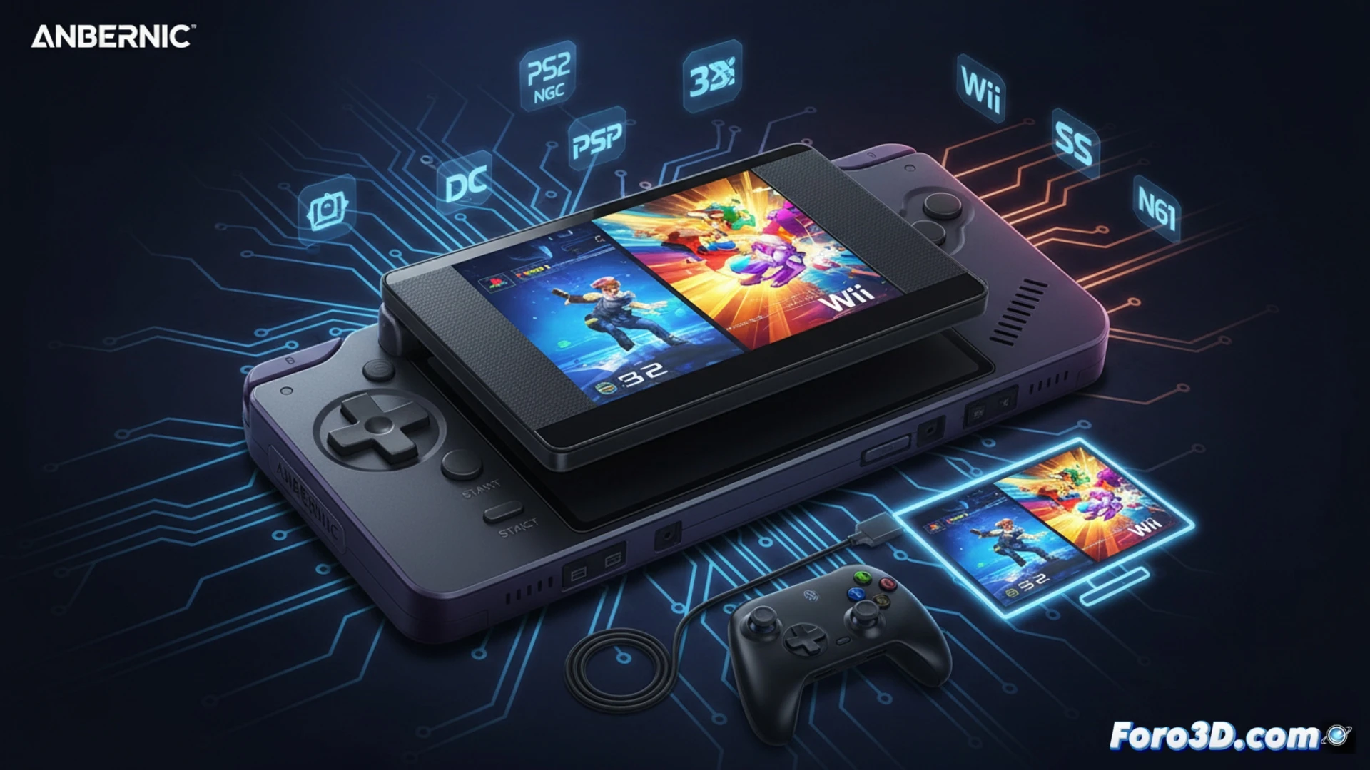 Consola portátil Anbernic RG Rotate con pantalla giratoria de 3,5 pulgadas, emulando juegos de PS2 en fondo oscuro.