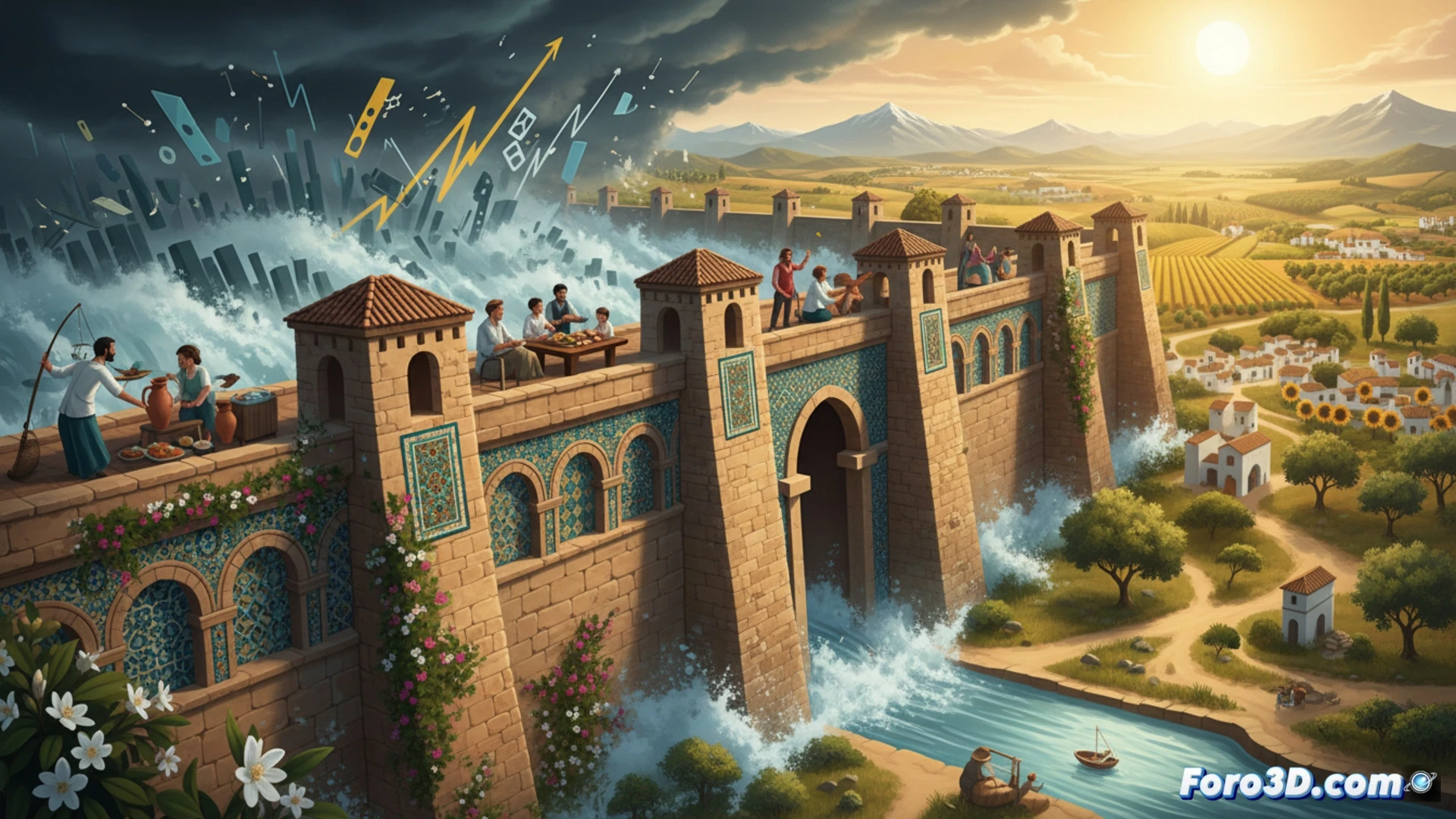 Una imagen de un termómetro roto junto a un dique de hormigón verde, con placas solares, invernaderos y turistas sostenibles al fondo. Simboliza el cambio de Andalucía de indicador de crisis a escudo anticrisis.