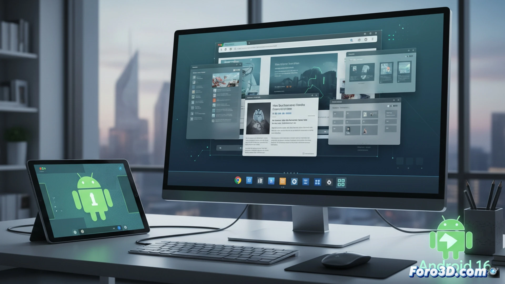 Un Pixel conectado a un monitor muestra Android 16 con barra de tareas y ventanas redimensionables de Chrome.