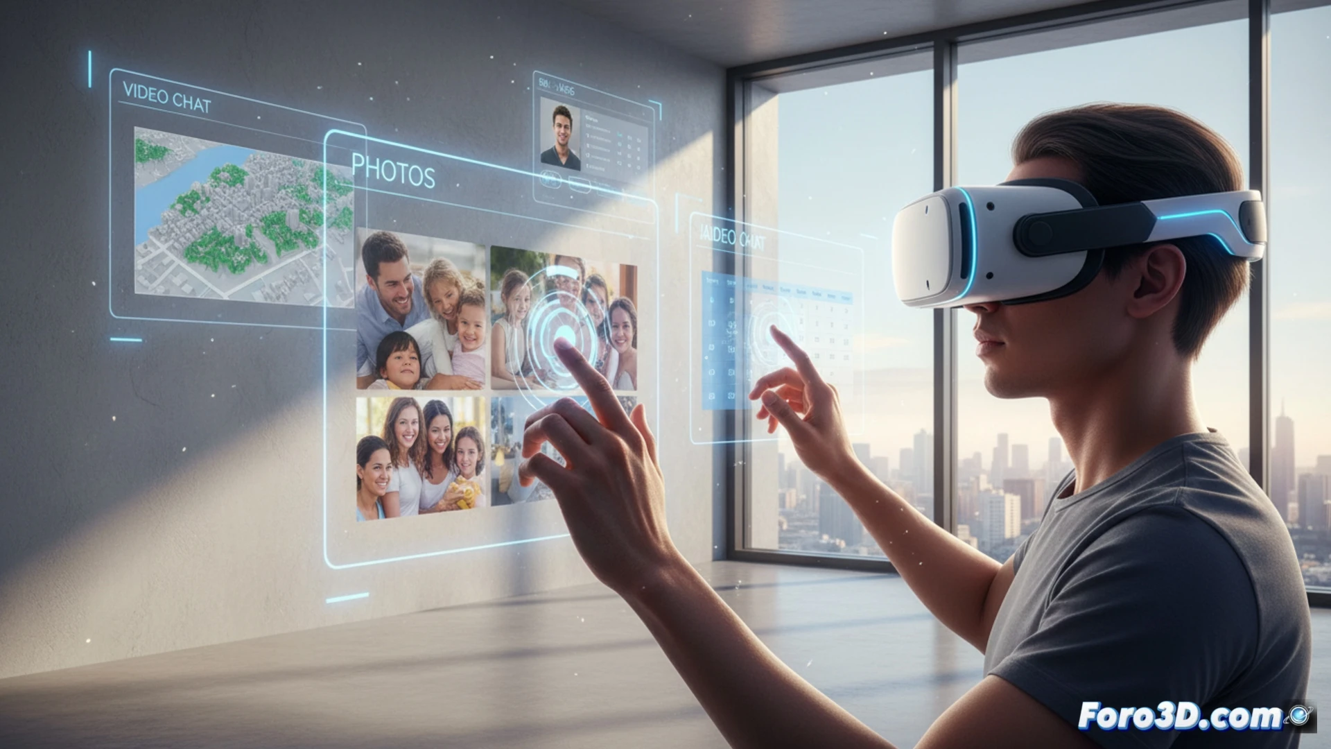 Un usuario con visor Galaxy XR ve sus manos virtuales y aplicaciones ancladas a la pared de su sala.