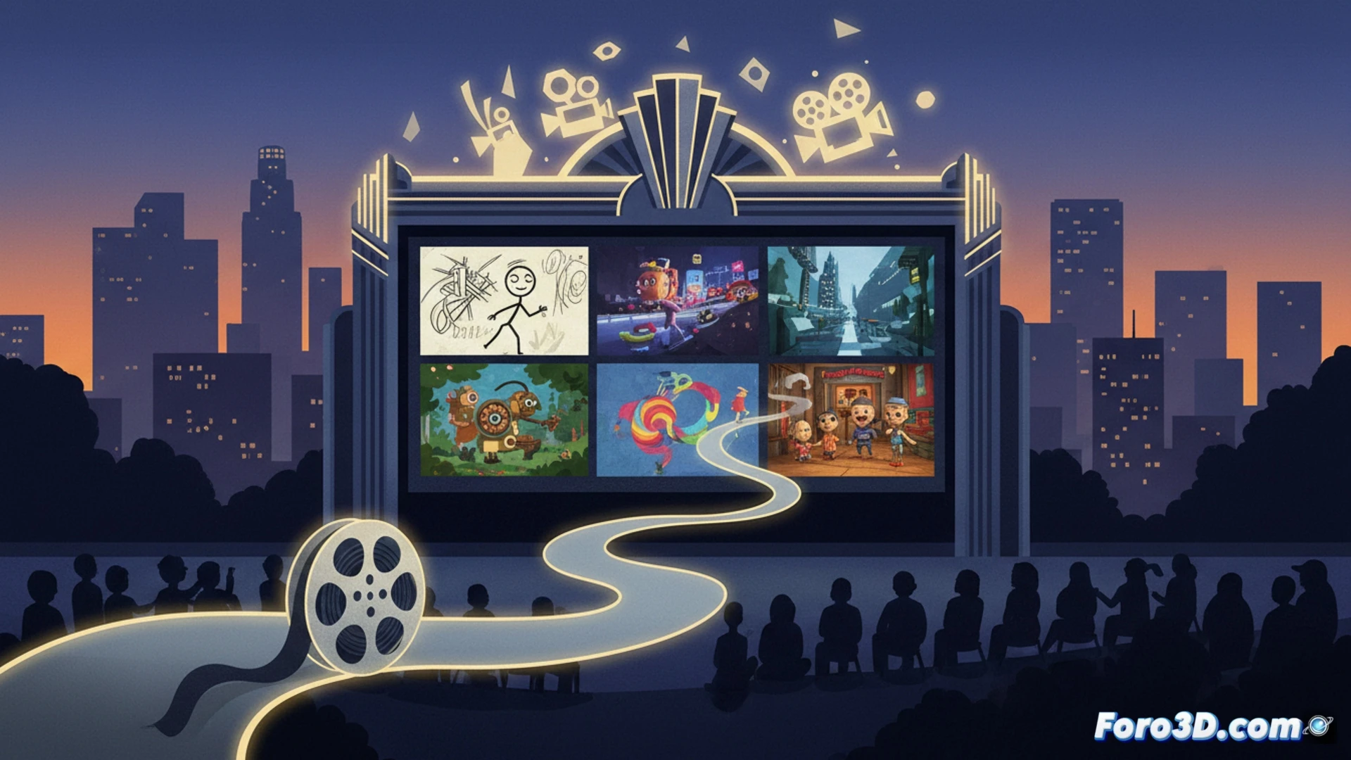 Una pantalla de cine muestra 'Animation Today' con seis cortometrajes animados diversos.