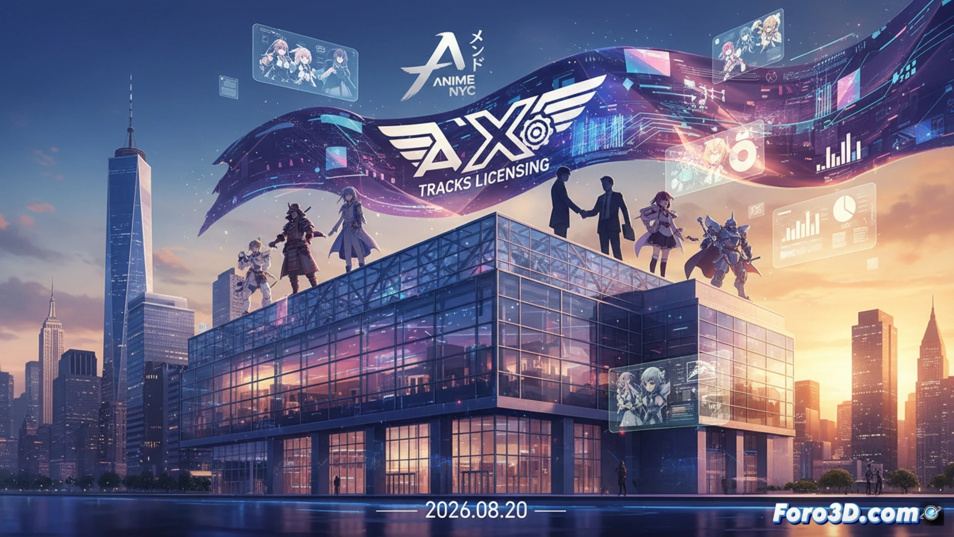 Una cumbre ejecutiva en el Javits Center de Nueva York, con asistentes de negocios revisando acuerdos de licencias de anime y manga en una sala privada y elegante.