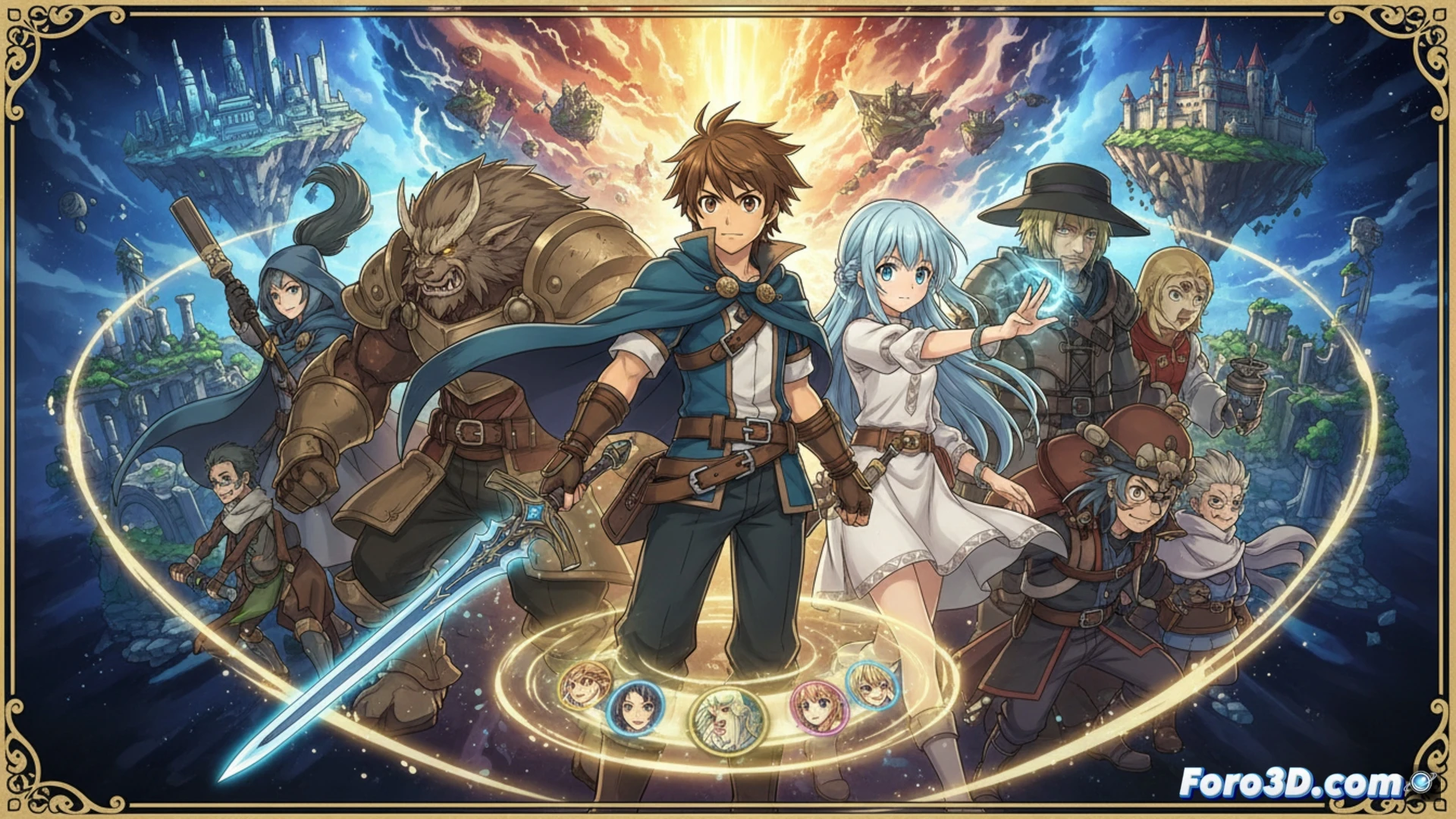 Una imagen dinámica con Aldo en primer plano, cargando su espada con energía Another Force, mientras detrás se fusionan paisajes de distintas eras temporales.