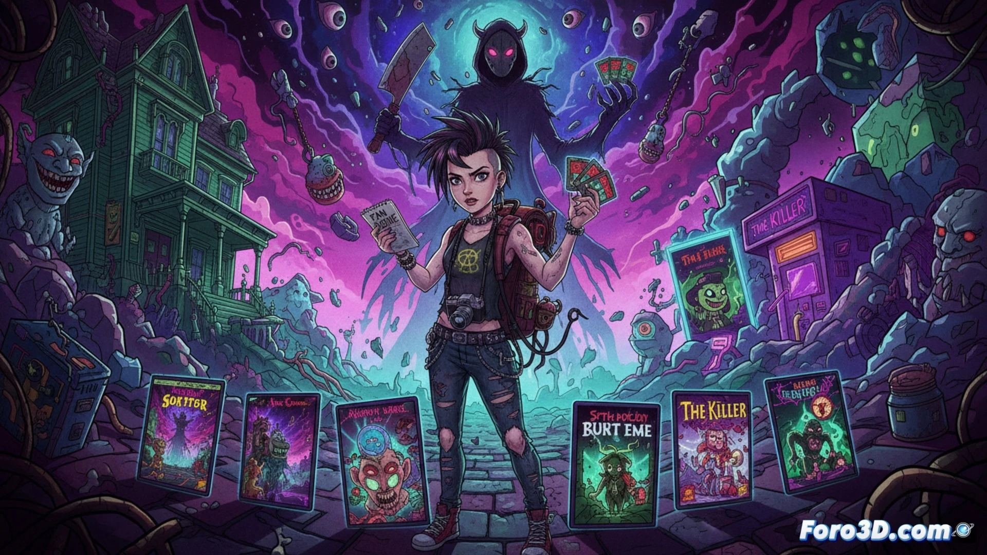 Una chica sostiene un fanzine frente a un mundo surrealista y una figura oscura amenazante.