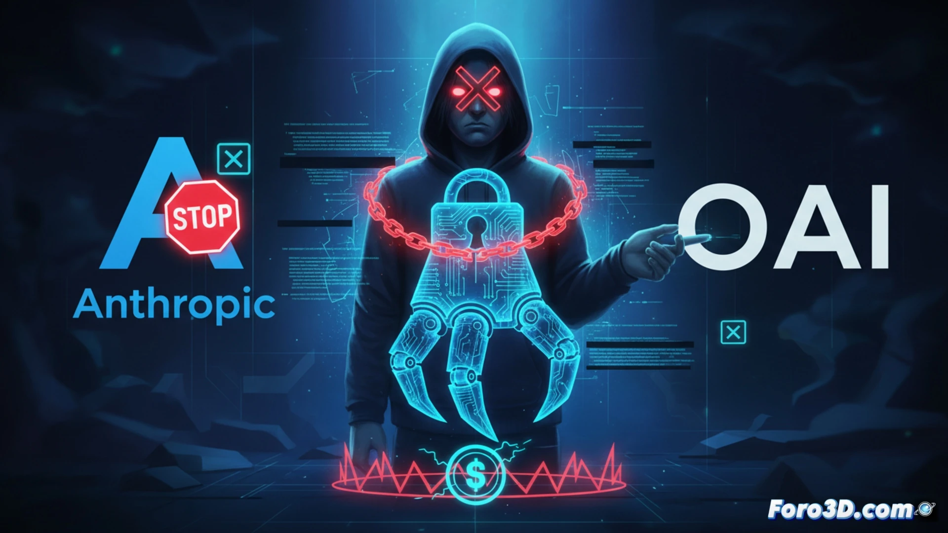 Un hombre frustrado frente a su computadora, con un mensaje de 'cuenta bloqueada' en pantalla y logos de Anthropic y OpenClaw.