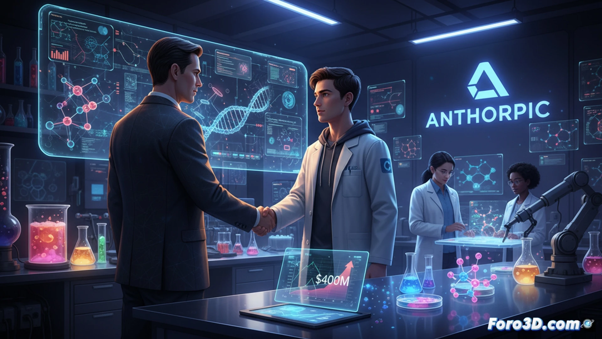 Un científico en un laboratorio futurista, con el logo de Anthropic y un gráfico de ADN fusionándose en el fondo.