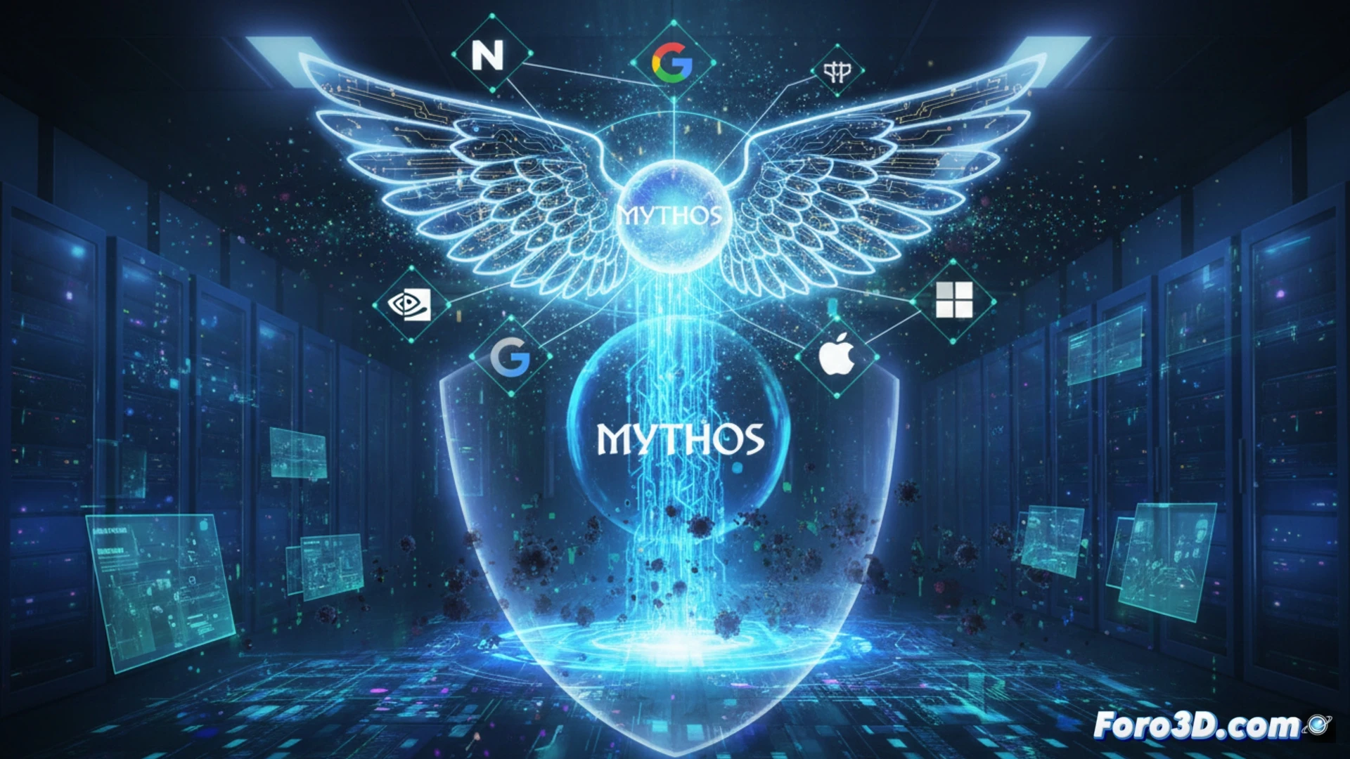 Una IA de Anthropic analiza código en una pantalla, rodeada de logos de gigantes tecnológicos.