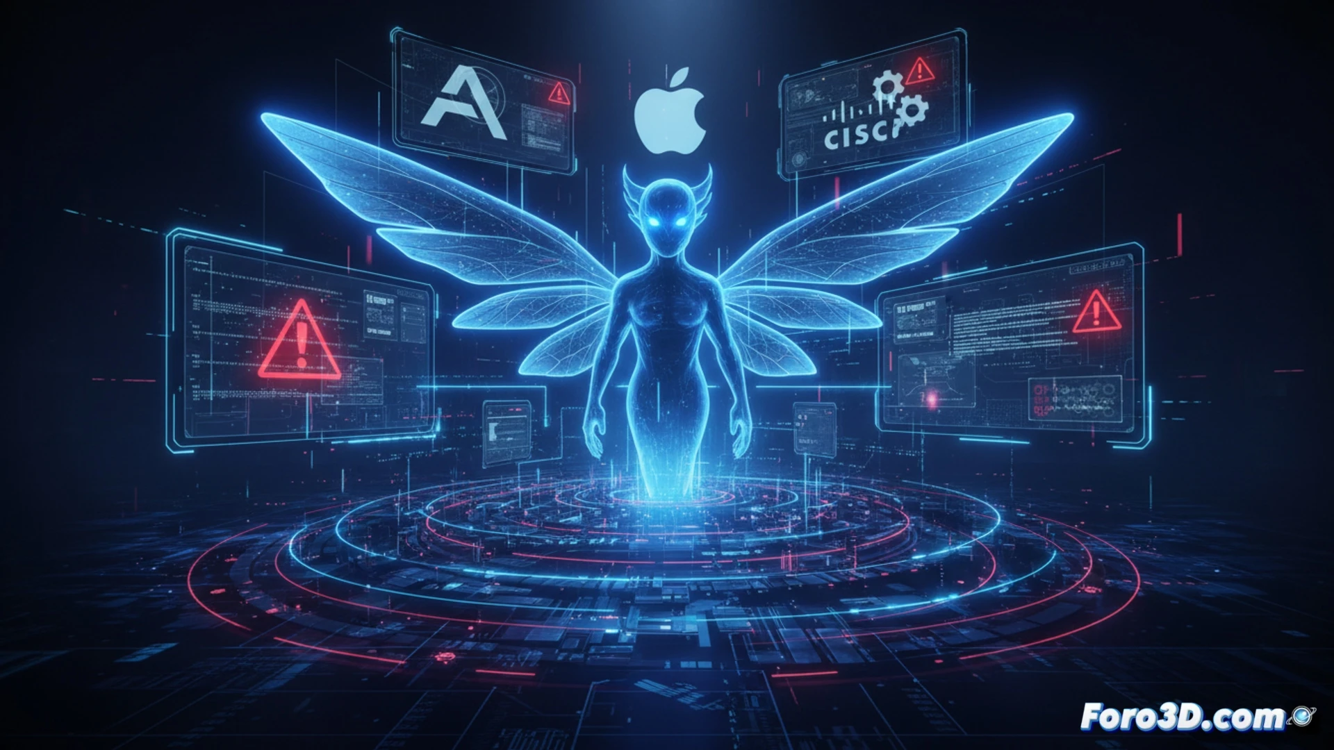 Una IA Claude Mythos analiza código en busca de vulnerabilidades, con logos de AWS, Apple y Cisco de fondo.