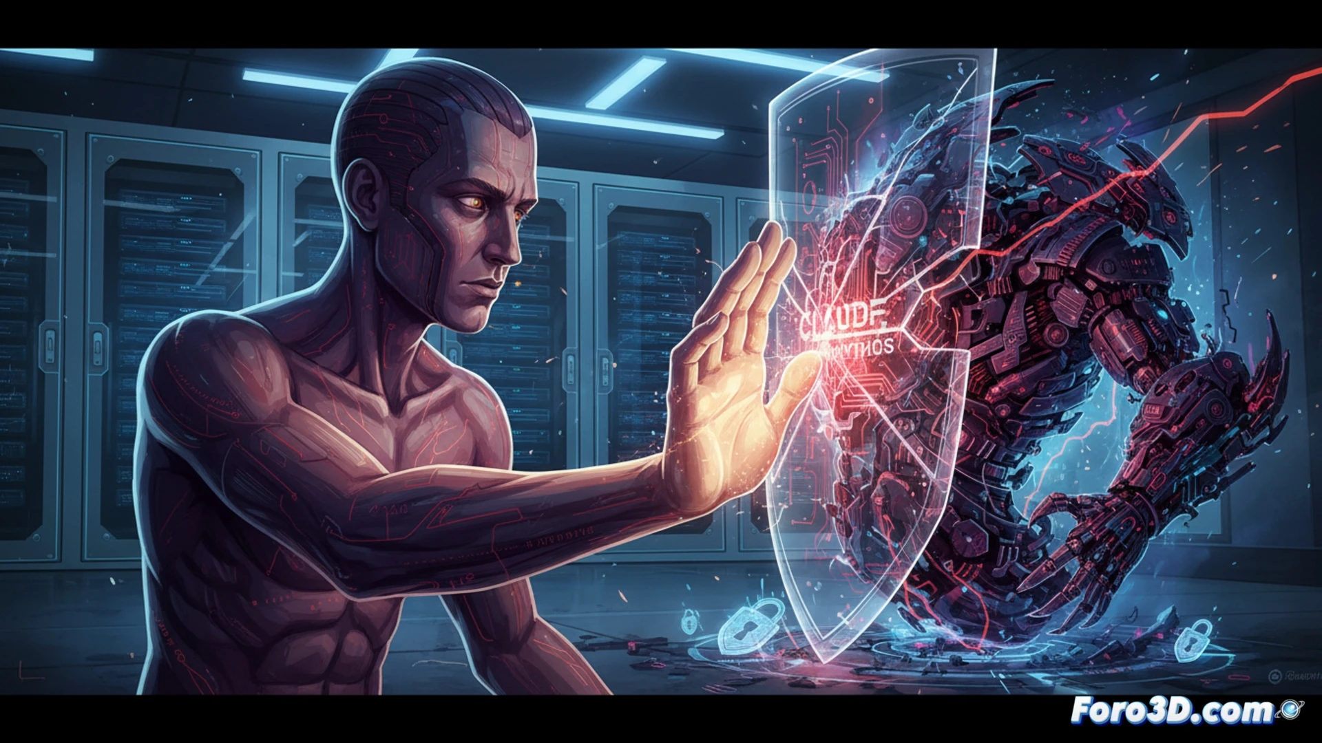 Un modelo de IA analiza código en una pantalla, rodeado de símbolos de ciberseguridad y un candado rojo.