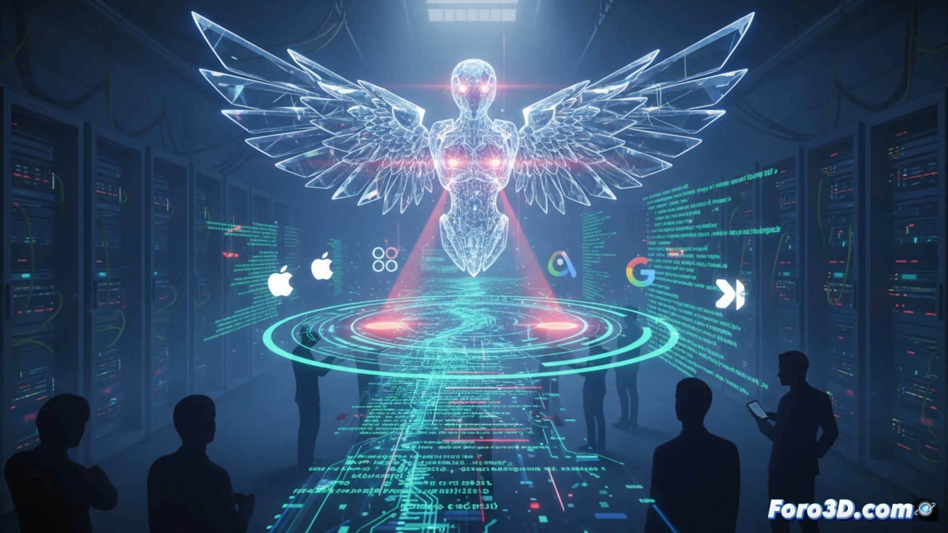 Una sala de servidores futurista con un gran ojo cibernético brillante en el centro, rodeado de logos de Apple, Microsoft, Google y Amazon.