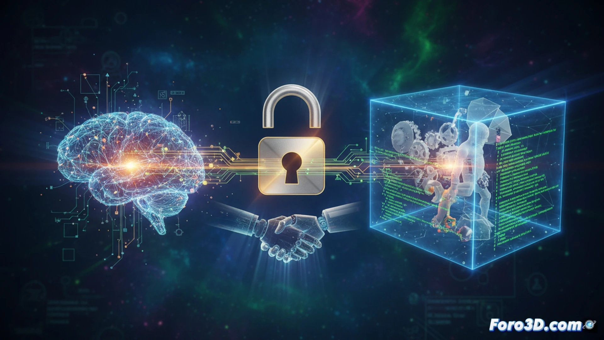 Un robot antropomórfico con la silueta de Claude sostiene un cubo 3D de Blender brillante, junto a un código de Python flotante.