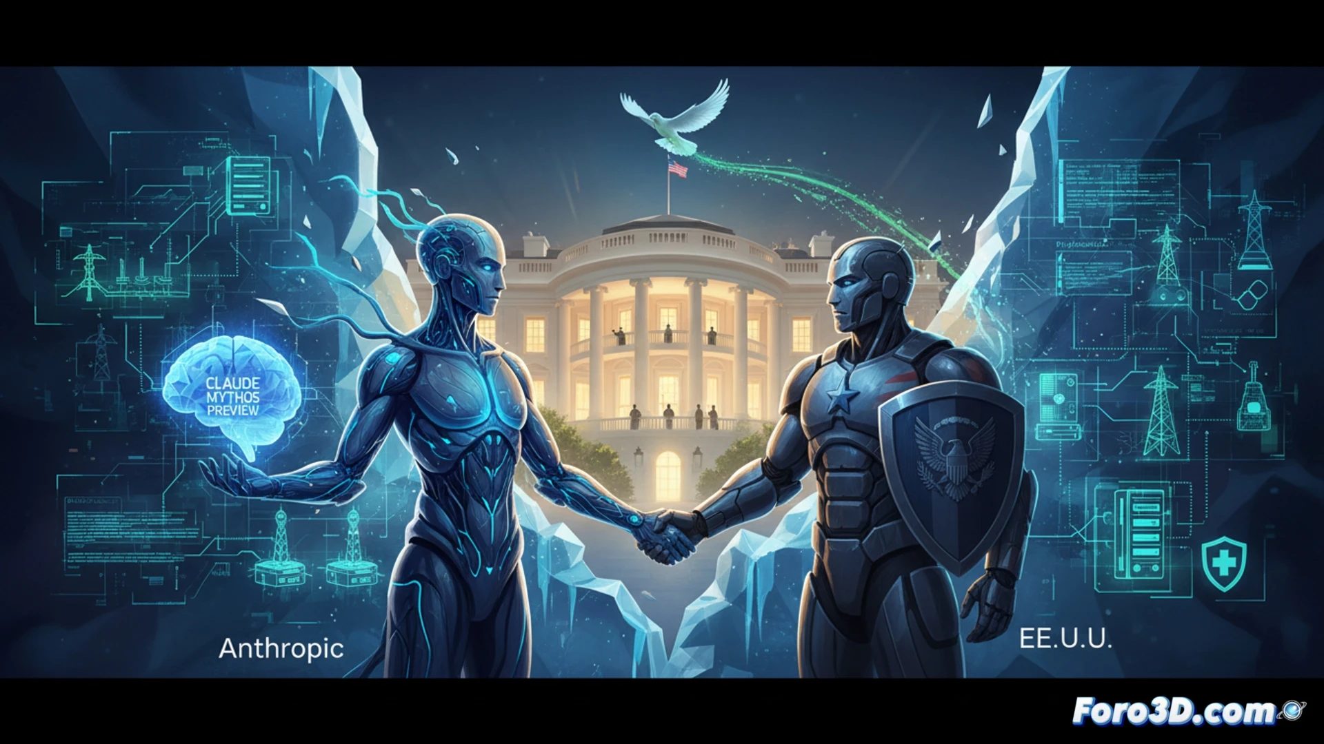 Una mano robótica y una humana estrechan un cable de red sobre un escudo digital con el logo de EE.UU.