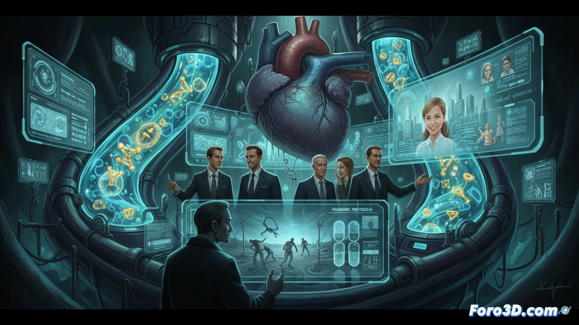 Un científico analiza un ADN digital, con gráficos de mercado superpuestos que muestran curvas de beneficios y símbolos médicos en tensión.