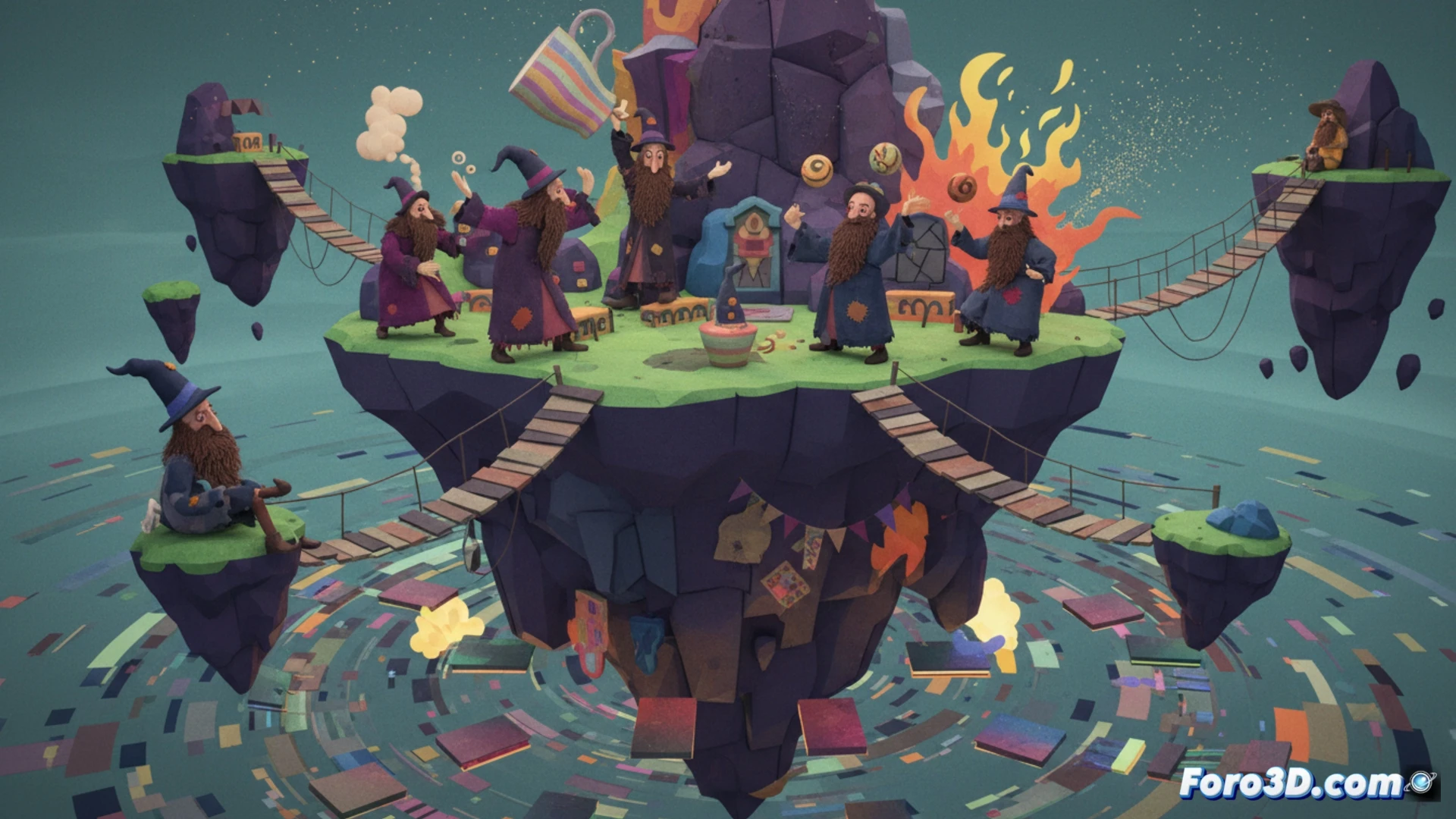 Descripción (80-120 caracteres): Rocas flotantes sobre una isla caótica; magos fallidos chocan en un cielo absurdo, reflejando exclusión y ansiedad animada.