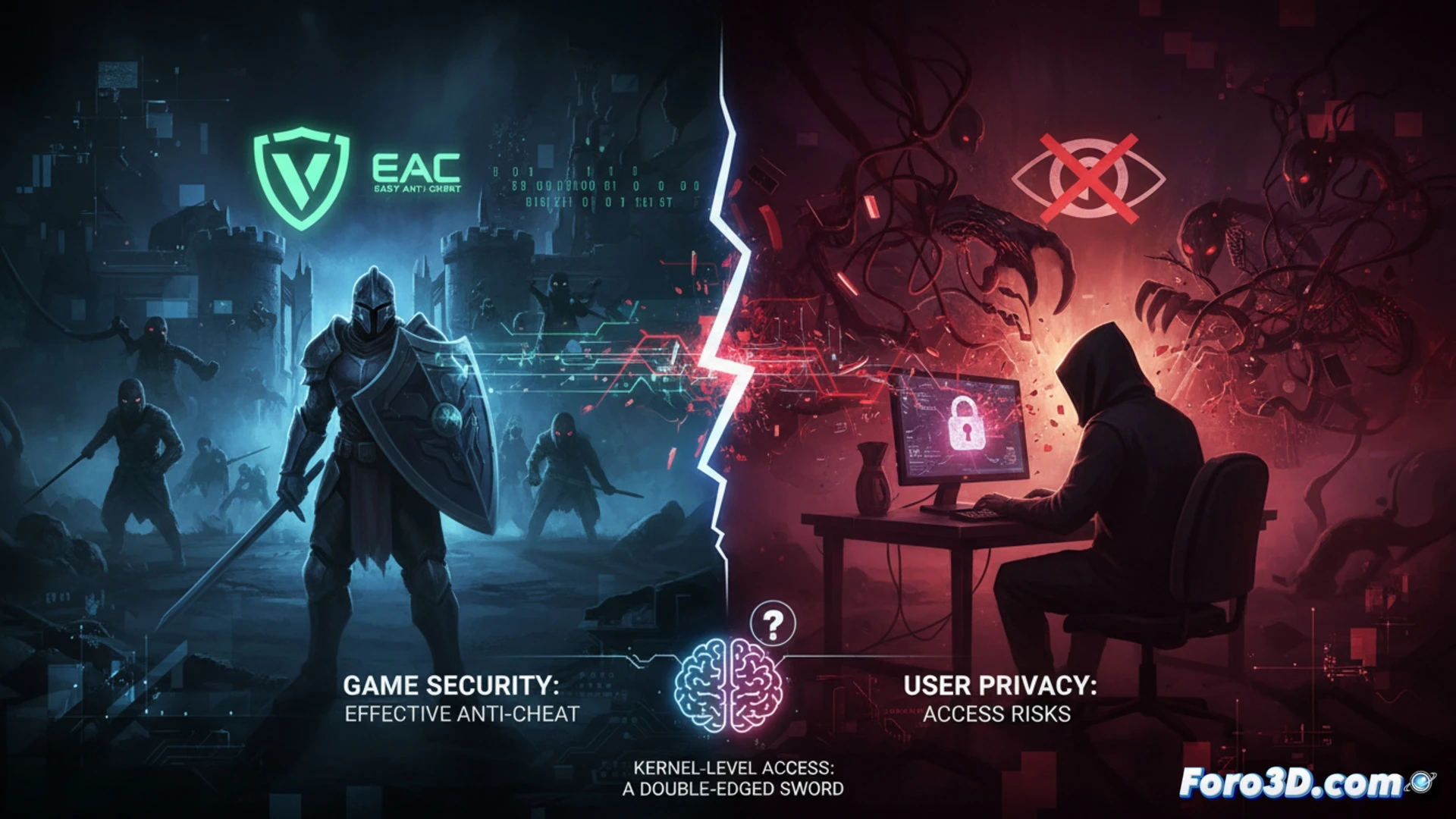 Un escudo blindado protege un PC, pero una llave maestra amenaza con abrir una puerta trasera. Ilustra el dilema entre seguridad y vulnerabilidad.