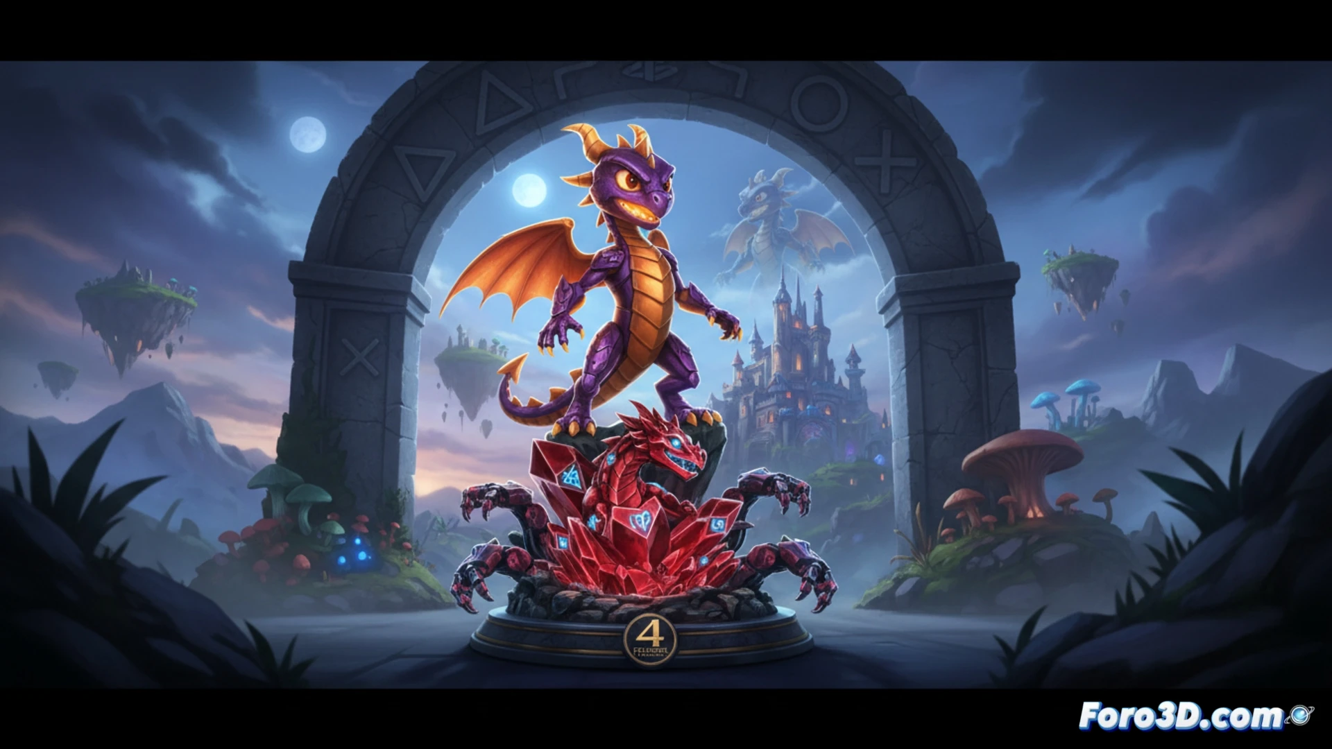 Una figura metálica de Spyro, detallada y brillante, sobre un pedestal. Al fondo, un monitor muestra un logo de ? sobre el título Spyro 4.