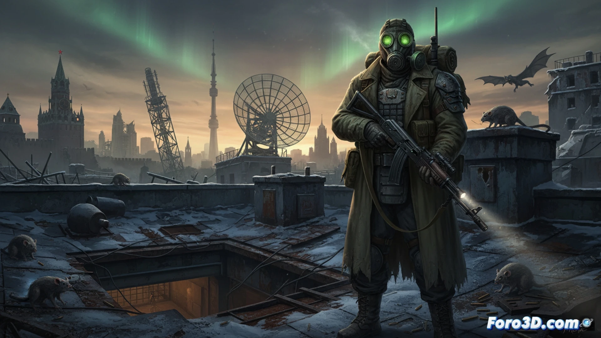 Un soldado con máscara de gas observa una estación de metro devastada, con luces tenues y símbolos de Xbox en pantalla.